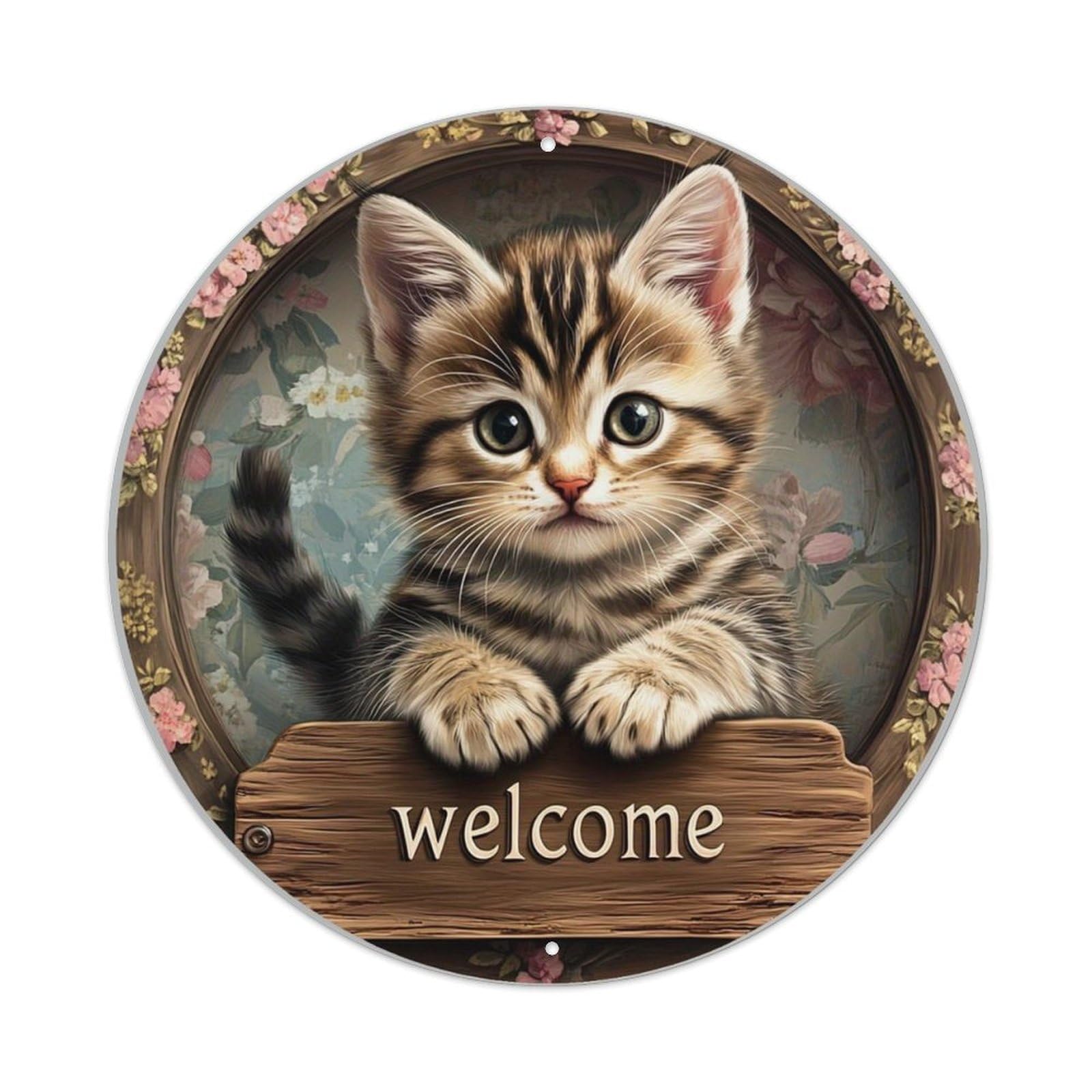 Cute Kitten Welcome Sign Design Tin Sign Metal Poster Vintage Metal Signs for Home Man Cave Bar Cafe Kitchen laundry room Wall Decorations 8x8 inches