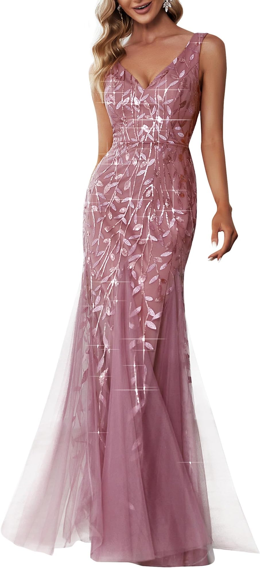 Ever-Pretty Women's Sequin Formal Dress Double V-Neck Sleeveless Mermaid Long Evening Dresses 07886