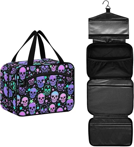 MNSRUU Neceser colgante para mujer, bolsa de aseo para mujer, diseño gótico, mariposa, calavera, azul, organizador de artículos de aseo portátiles,