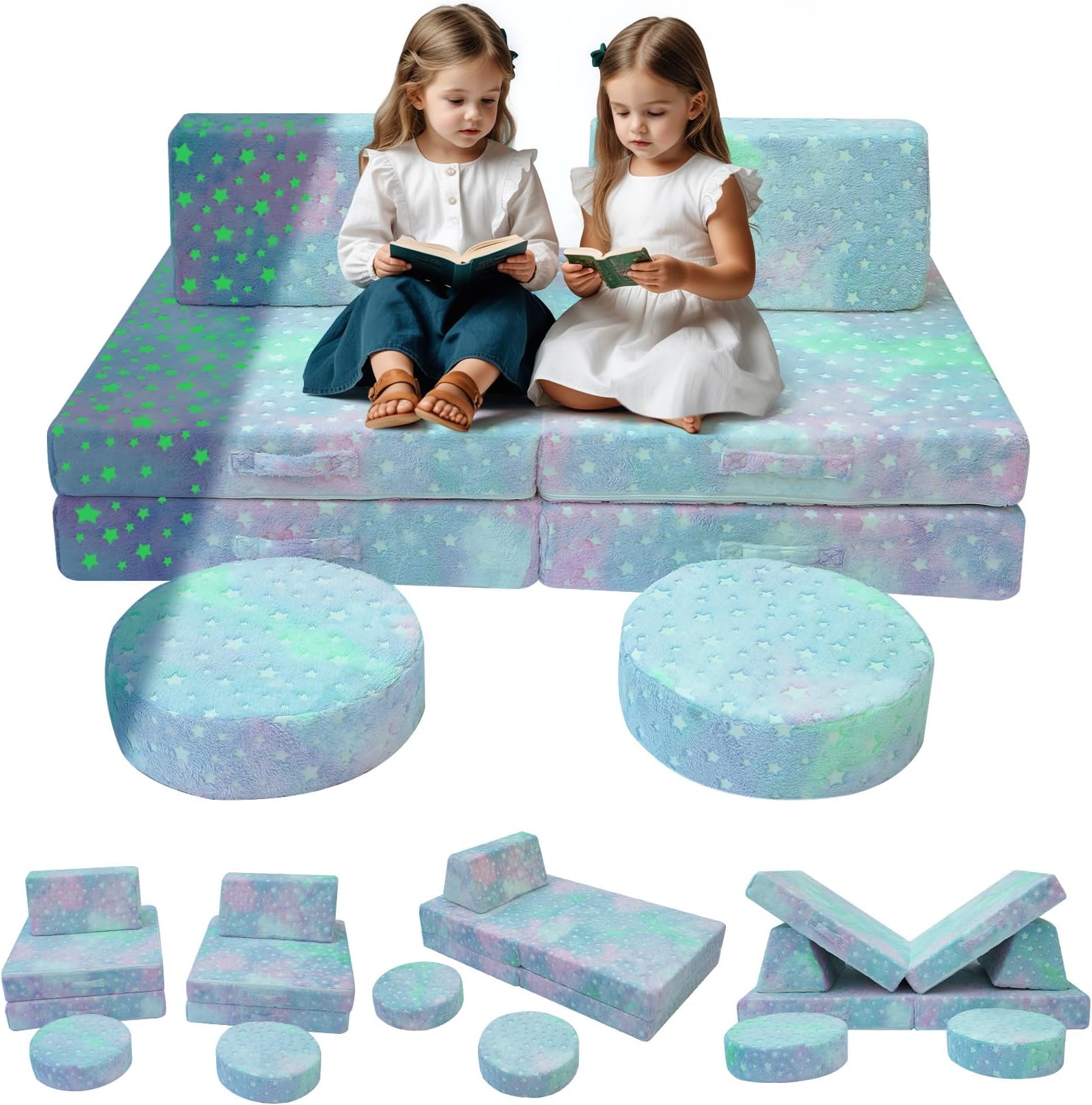 MeMoreCool Toddler Play Couch, 8-Piece Modular Kids Couch Set with Glow in the Dark Colorful Star Design, Convertible Foam Kids Sofa with Washable Plush Cover for Playroom Bedroom, Ages 3+