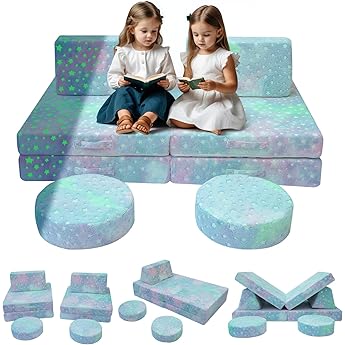 MeMoreCool Kids Couch Glow Sofa Modular Toddler Couch for Playroom, 8-Piece Fold Out Baby Couch Play Set, Children Convertible Sofa Foam Couch