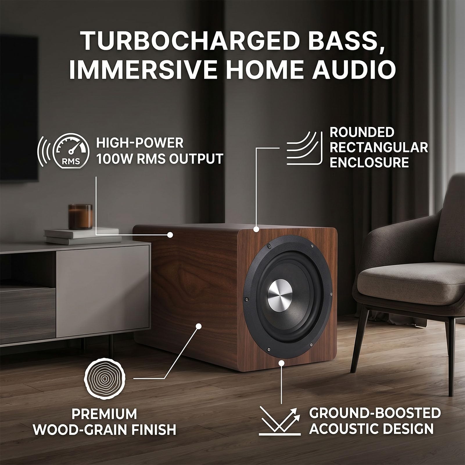 Annadue Altoparlante per Bassi Profondi da 100 W per la Casa, Subwoofer Stereo HiFi con Alimentazione Attiva Indipendente retrò da 6,5 ​​pollici 100 W Color Rovere per Monitor PC (Spina europea)