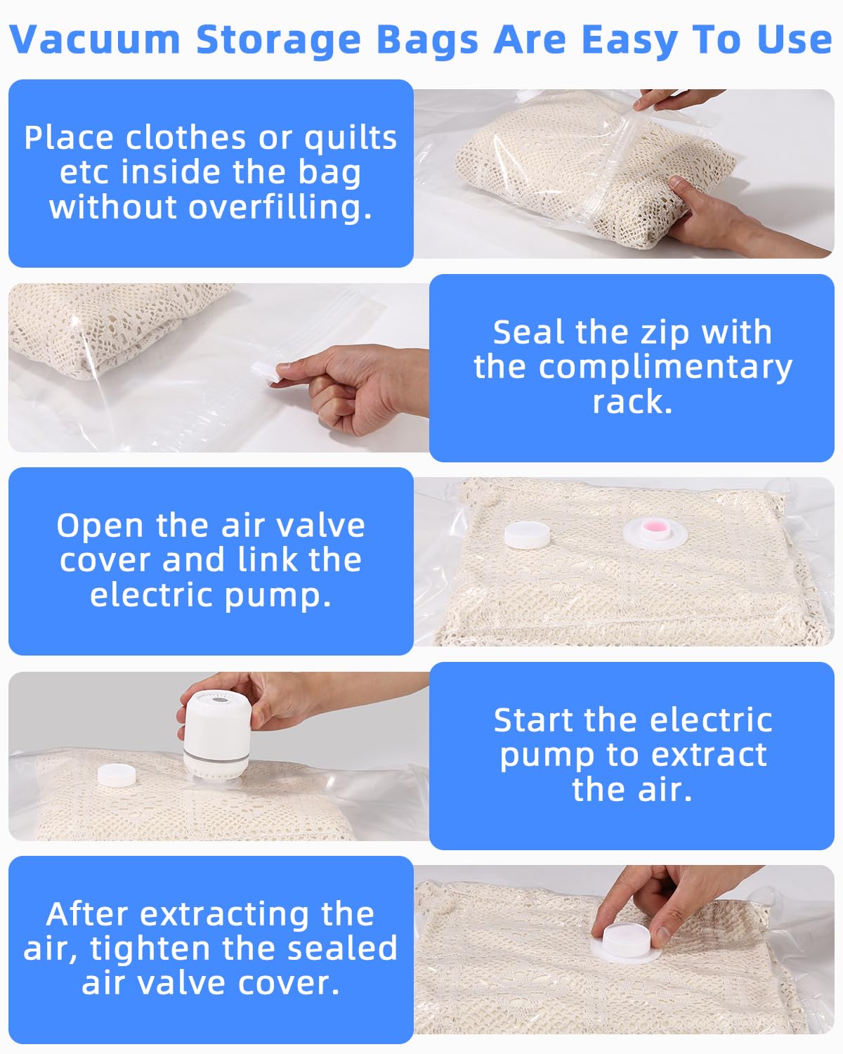 Sacchetti Sottovuoto per Piumoni e Vestiti con Pompa Elettrica (2 Jumbo, 2 Grandi, 2 Medi, 2 Piccoli) Sacchetti Sottovuoto Vestiti Viaggio Riutilizzabili Salvaspazio