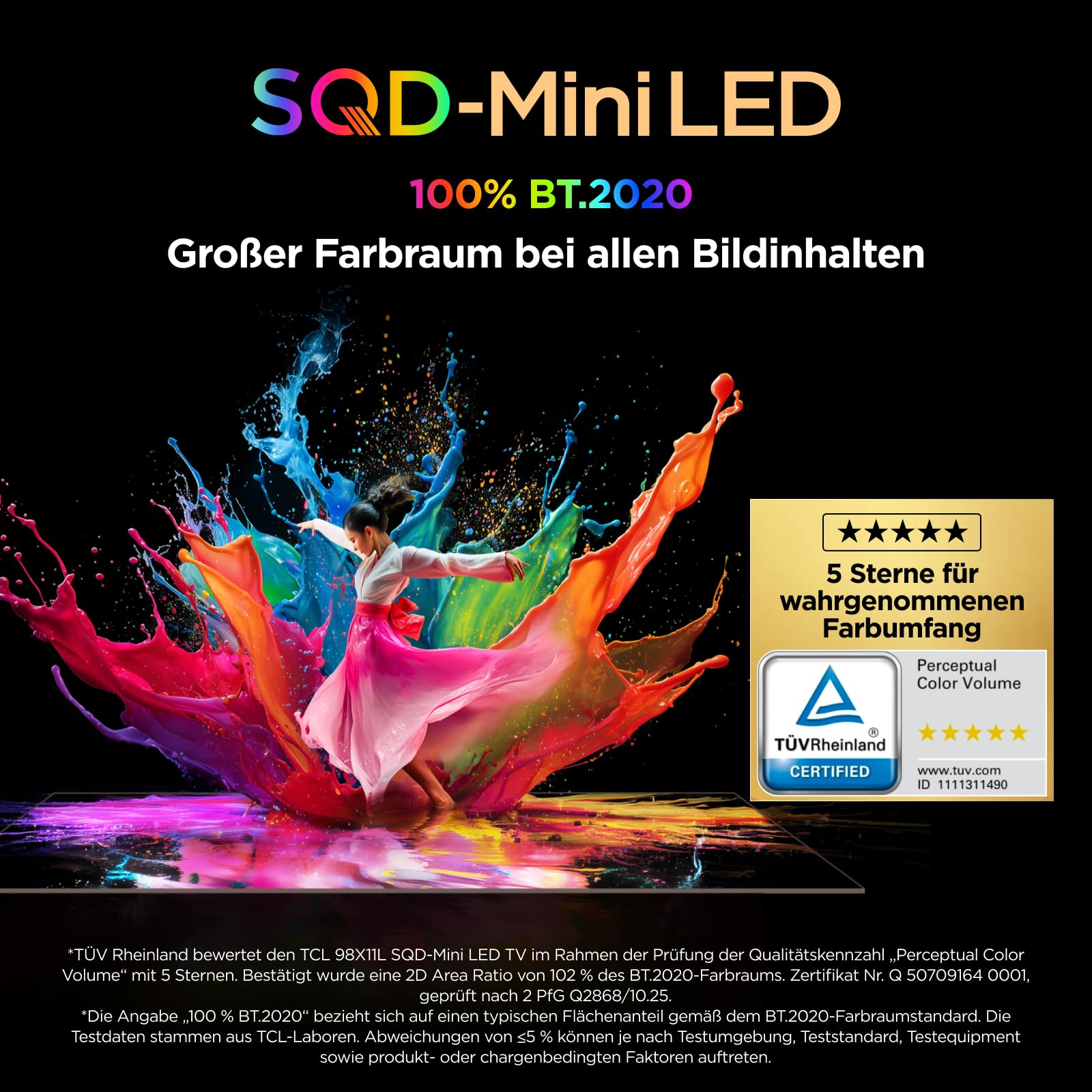 TCL 65Q7D PRO 65 Zoll 4K SQD-Mini LED TV, 100% BT.2020, 646 Local Dimming Zonen, 2.000 Nits HDR, Antireflexion, 144 Hz, Dolby Vision IQ & Dolby Atmos, Google TV
