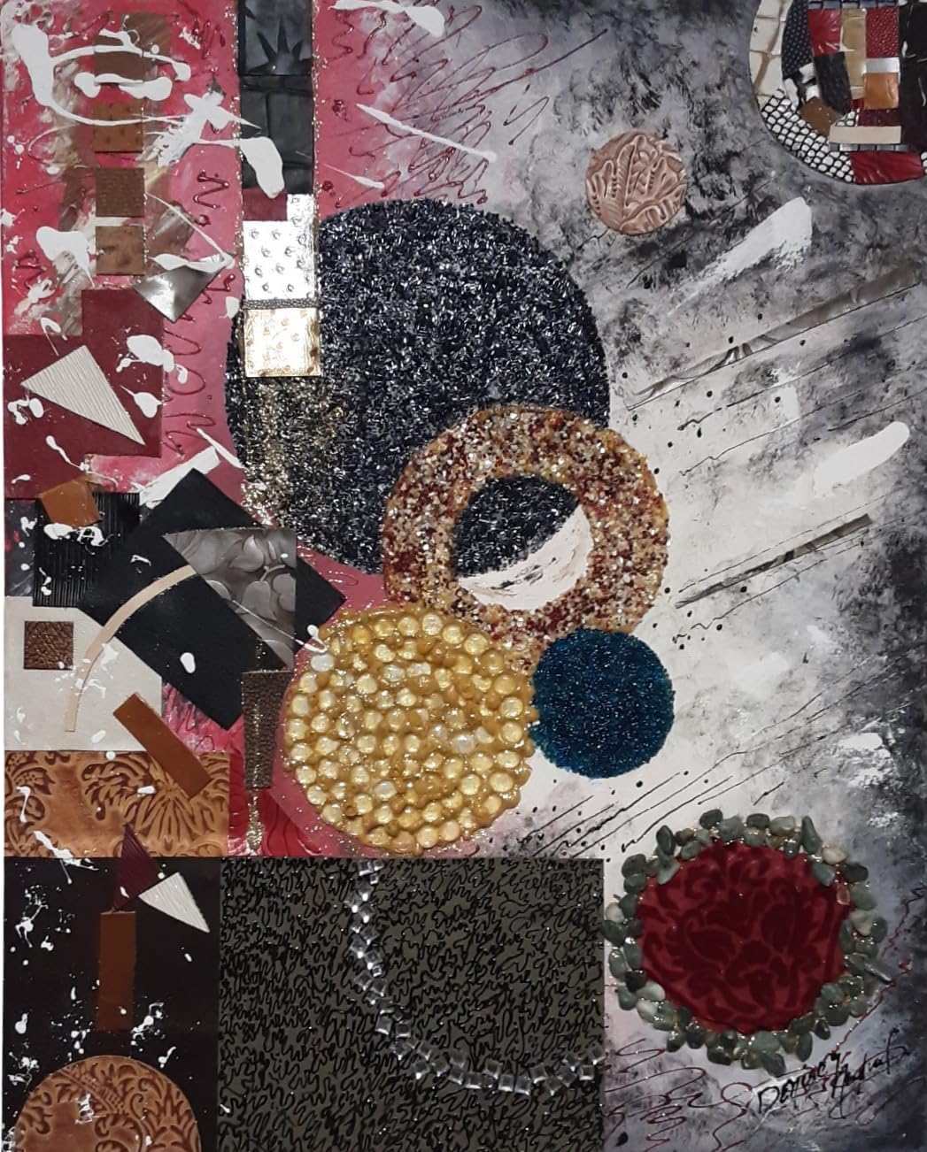 NiNi's Fine Art Original Mixed Media Painting Wall Art for the Home and Business Oil Acrylic Painting with Beads Fabric Pebbles and Leather Pieces