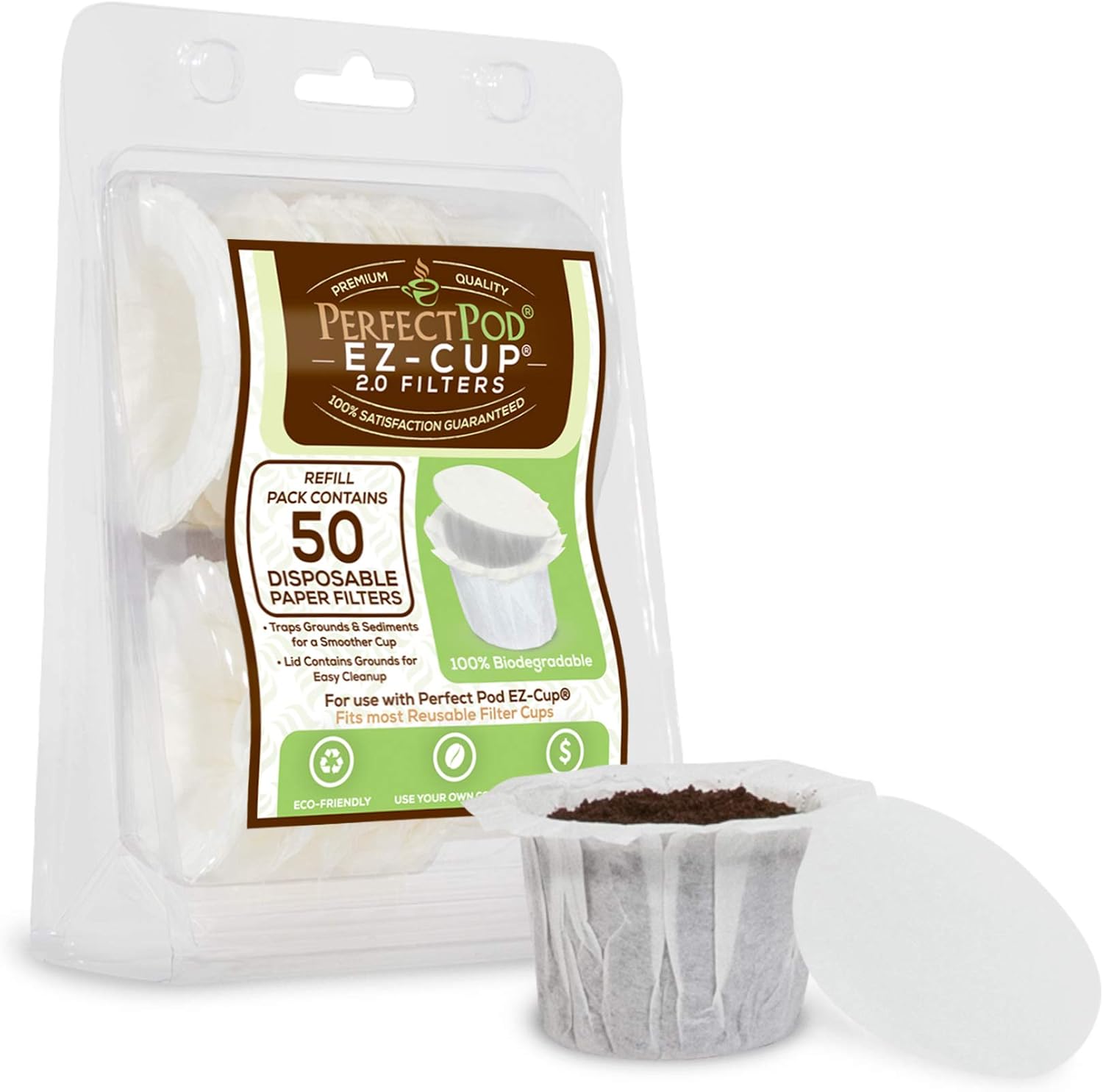 Perfect Pod EZ-Cup Disposable Paper Filters with Patented Lid Design for Reusable Coffee Pods - 1 Pack (50 Filters) STD