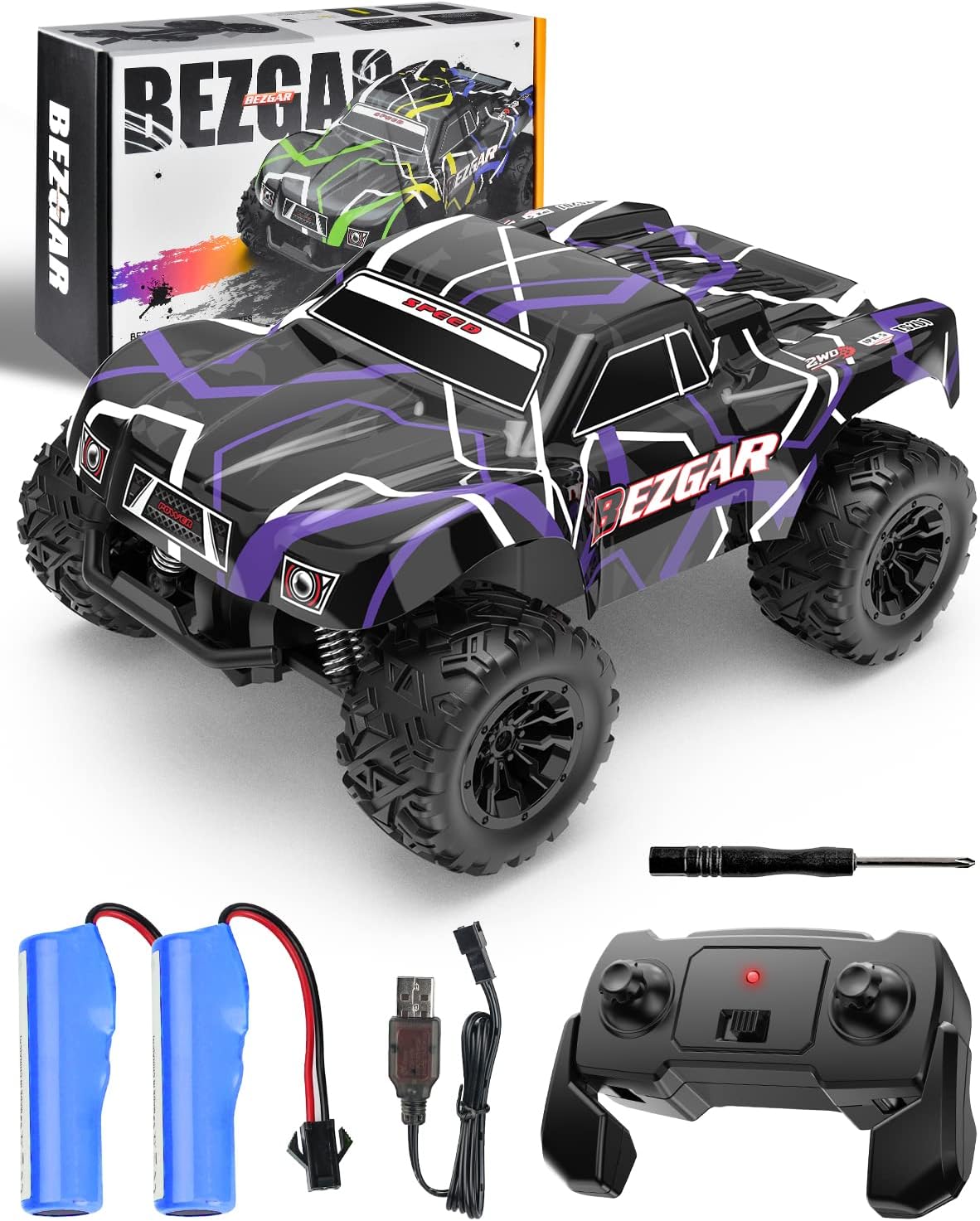BEZGAR TS201 RC Cars-1:20 Remote Control Cars - 2WD,15 Km/h All Terrains Offroad Remote Control Truck - Rc Racing Car with 2 Rechargeable Batteries,Holiday Xmas Gift for Boys Kids,Adults