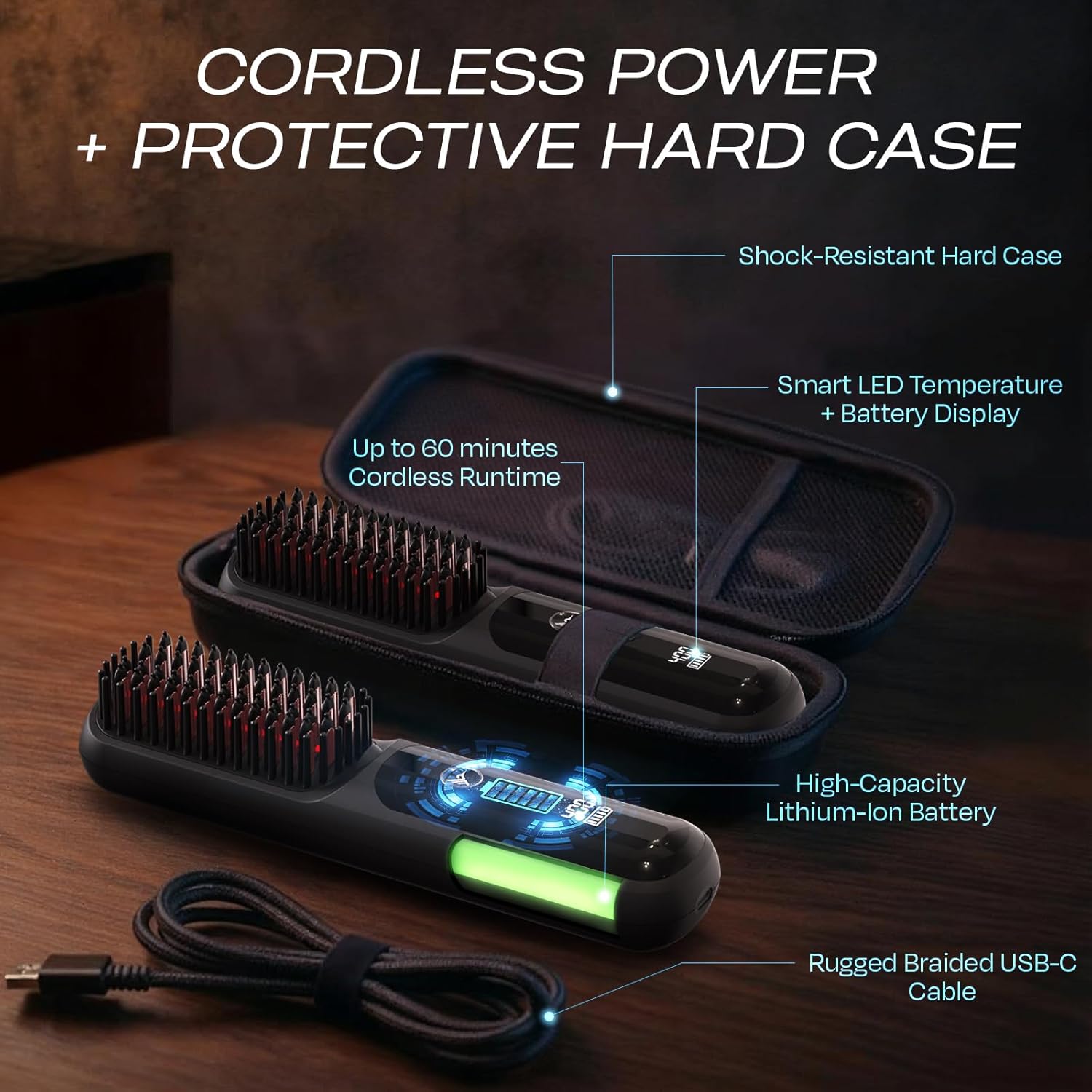 HUMMINGBIRD MK18 BeardBoss Cordless Beard Straightener for Men – Heated Beard Brush & Hot Comb, 5 Temp Settings, Anti-Scald Portable Hair Straightener, PTC Ceramic Heat, Infrared & Ionic, Travel Case