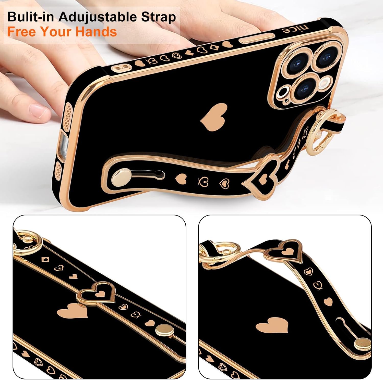 for iPhone 14 Pro Case Cute Love-Heart Plating Strap Phone Cover for Women Girls Bling Soft Silicone Camera Lens Protection Bumper Shockproof Phone Case for iPhone 14 Pro (6.1'')-Black - Image 6