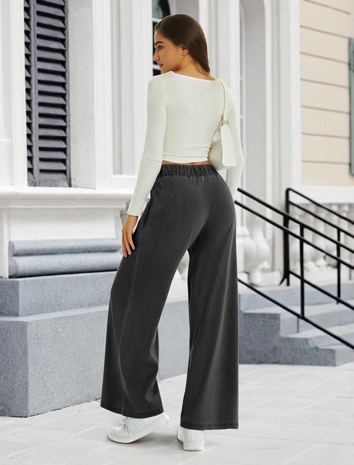 FireSwan Women's Wide Leg Jeans Stretchy Mid Rise Elastic Waist Jeans Baggy Loose Denim Pants with Pockets Trendy Casual - Image 5