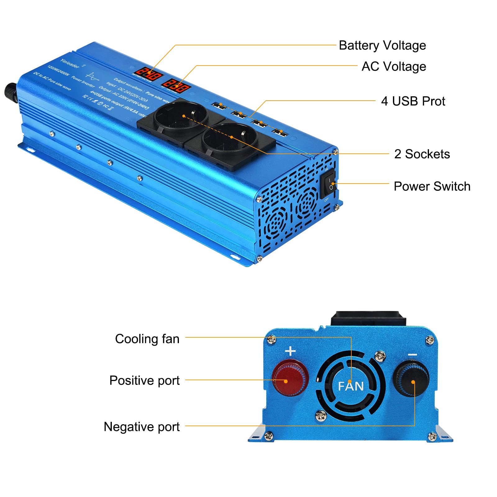 Yinleader 12V auf 230V 2400W Reiner Sinus Wechselrichter 2 EU Steckdosen und 4 USB-Anschlüsse 2 LED Spannungswandler
