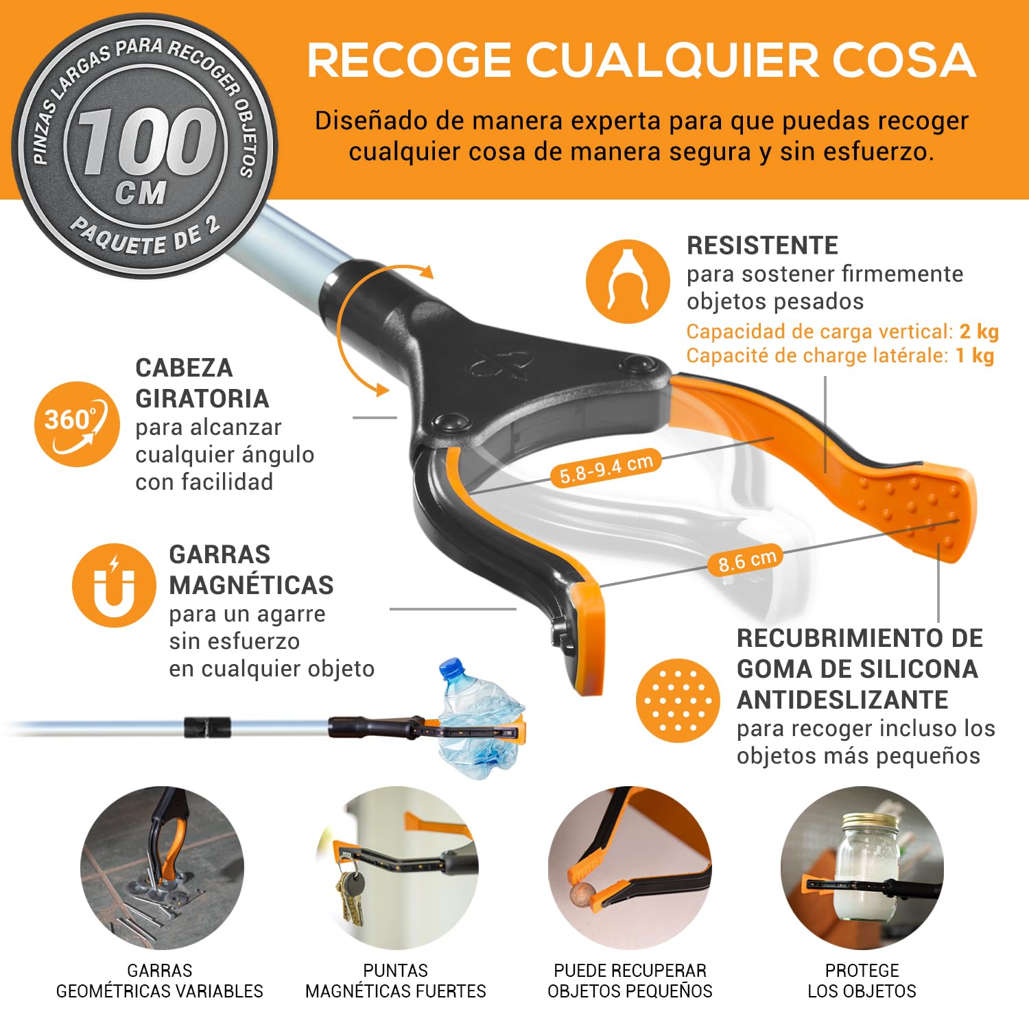 EZPIK® Pinza Recoge Objetos de 100 cm - Mano Extensible con Imán Telescópico - Regalos para Ancianos, Personas Mayores y Minusválidos - para Basura y Fruta [Negro, 1 Unidad]