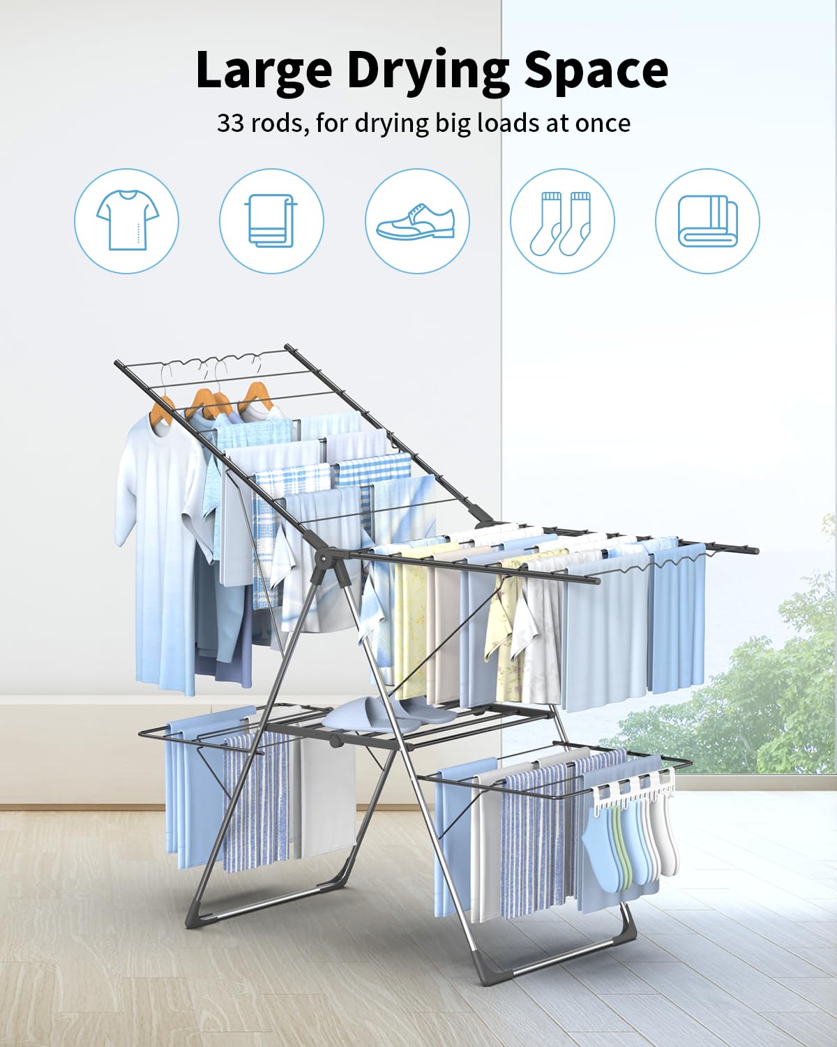 Innotic Stendino verticale, stendibiancheria pieghevole, stendini salvaspazio resistente, carico 35 kg, richiudibile, portatile, stendipanni per balcone interno esterno, 142×58×88, grigio