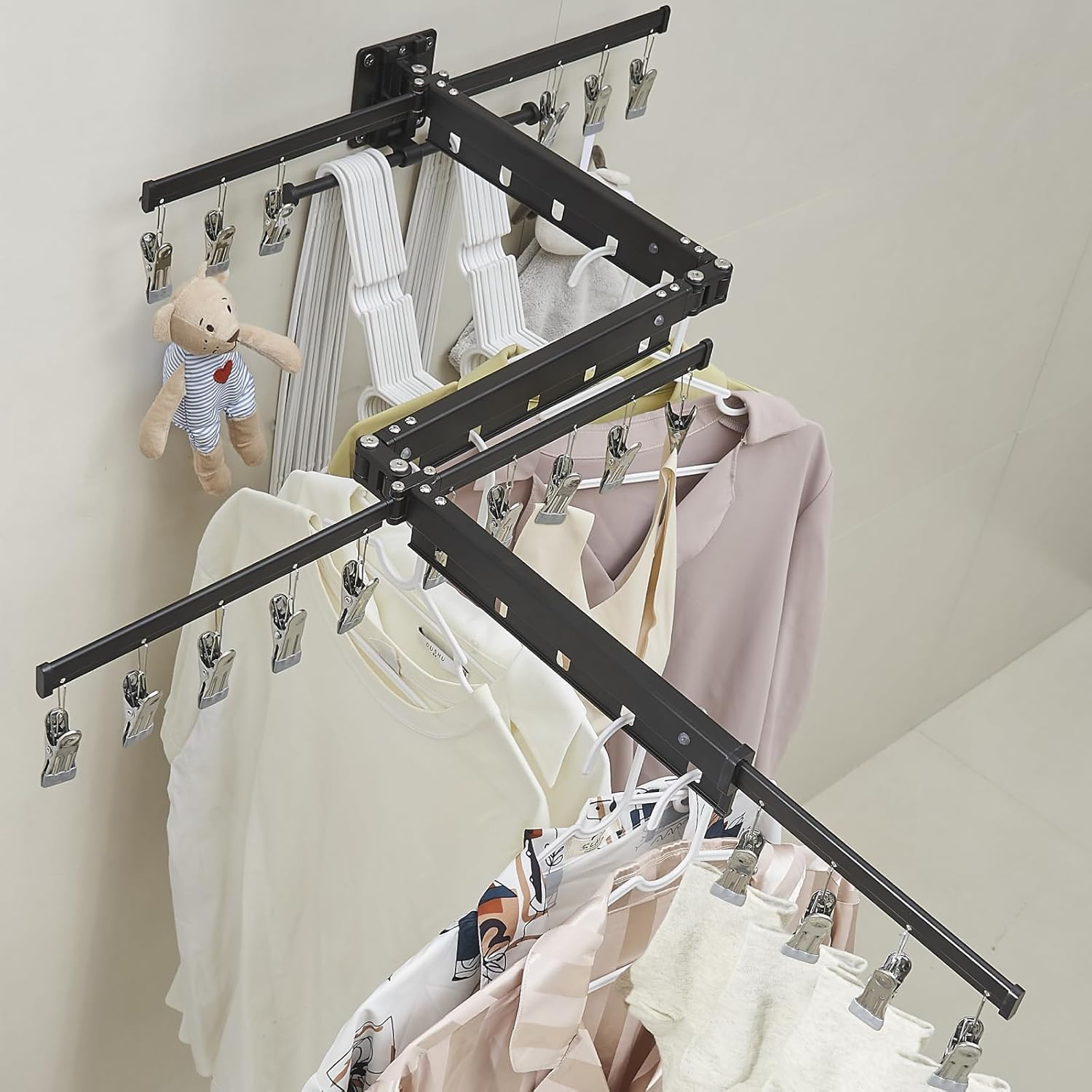 BESy Wall Mounted Clothes Drying Rack for Hanging Clothes Foldable Tri-Fold Drying Racks for Laundry Balcony Aluminum Alloy Matte Black