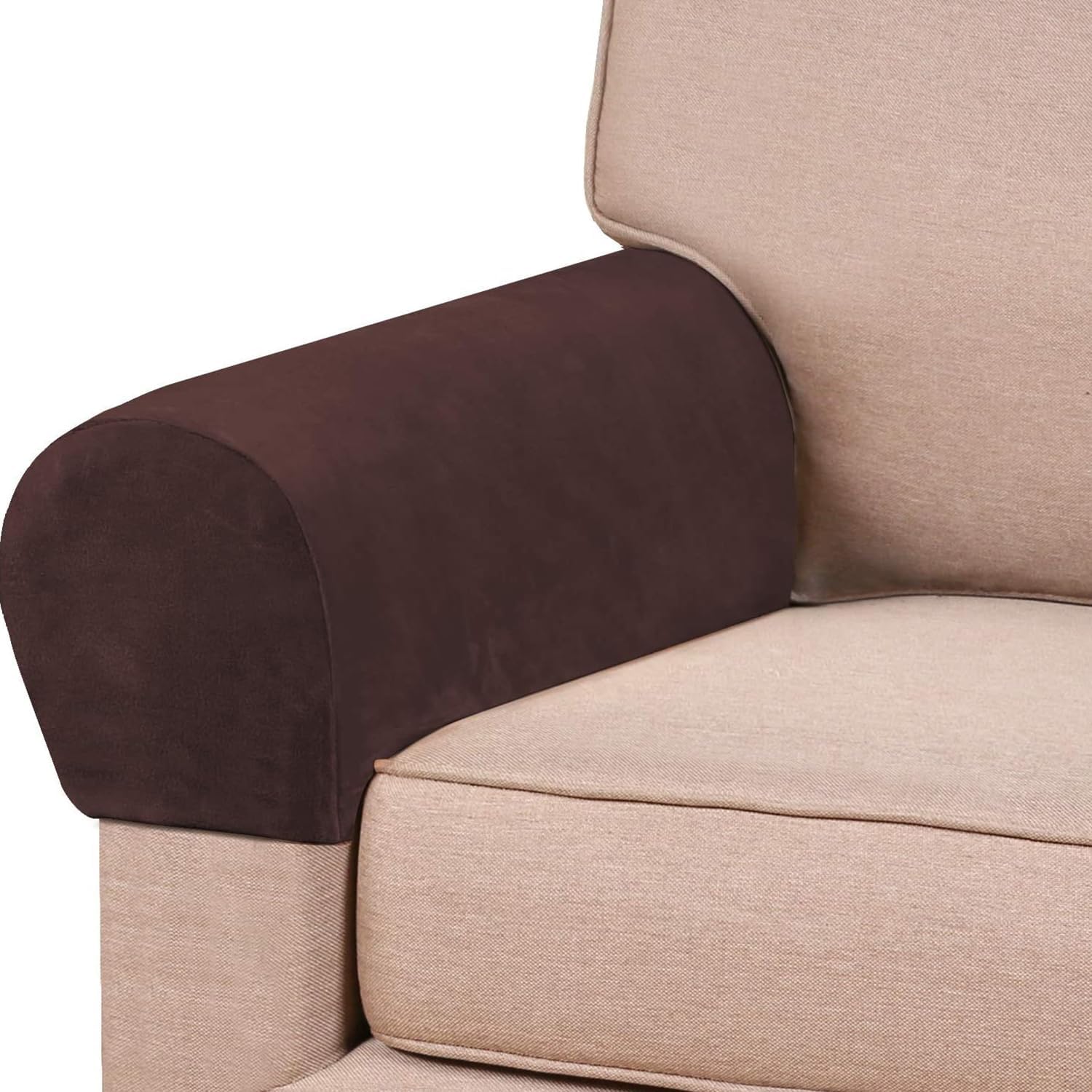 ADPON Stretch Velvet Sofa Armrest Covers Arm Covers for Chairs and Sofas Anti-Slip Couch Armrest Covers with Sticker Furniture Armrest Protector for Sofa Couch Chair Recliner (Brown,Set of 4)