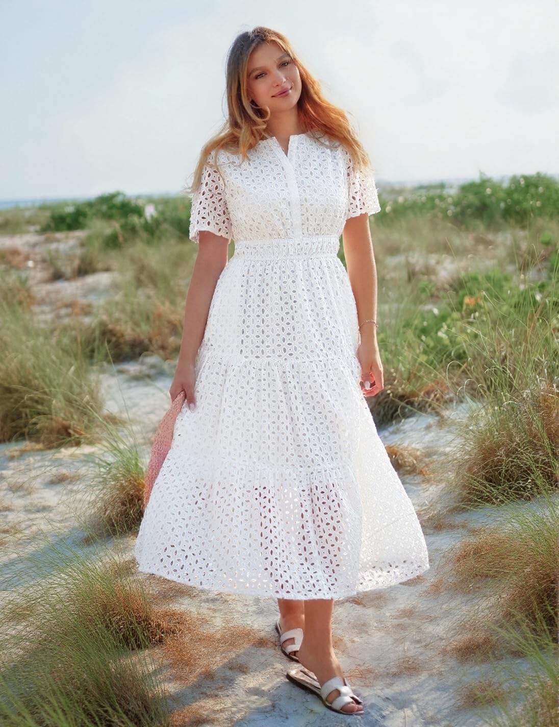 ZESICA Women's 2026 Summer Short Sleeve Maxi Dress Casual V Neck Hollow Out Eyelet Ruffle Swing A Line Long Dresses - Image 5