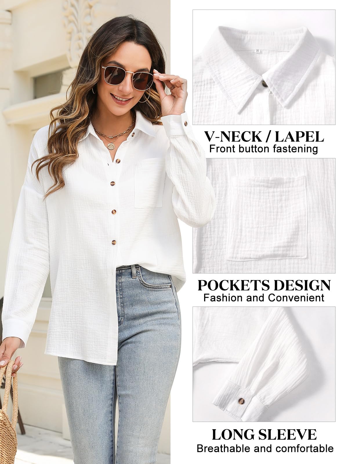 Lonya Camicia Donna Elegante Camicetta Bianca con Scollo a V 100% Cotone Blusa Maniche Lunghe Casual con Bottoni, vestibilità Ampia, Top con Tasca