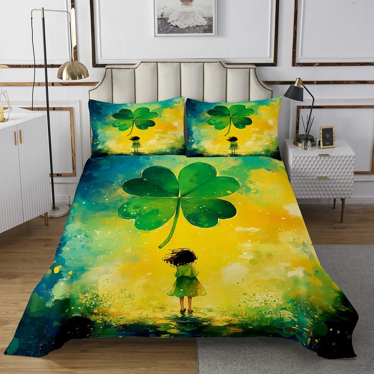 jejeloiu Boys Girls St Patricks Day Quilted Coverlet Twin Size, Green Clover Coverlet Set Lucky Spring Bedspread Kids Teens Bedroom Decor with 1 Pillow Case