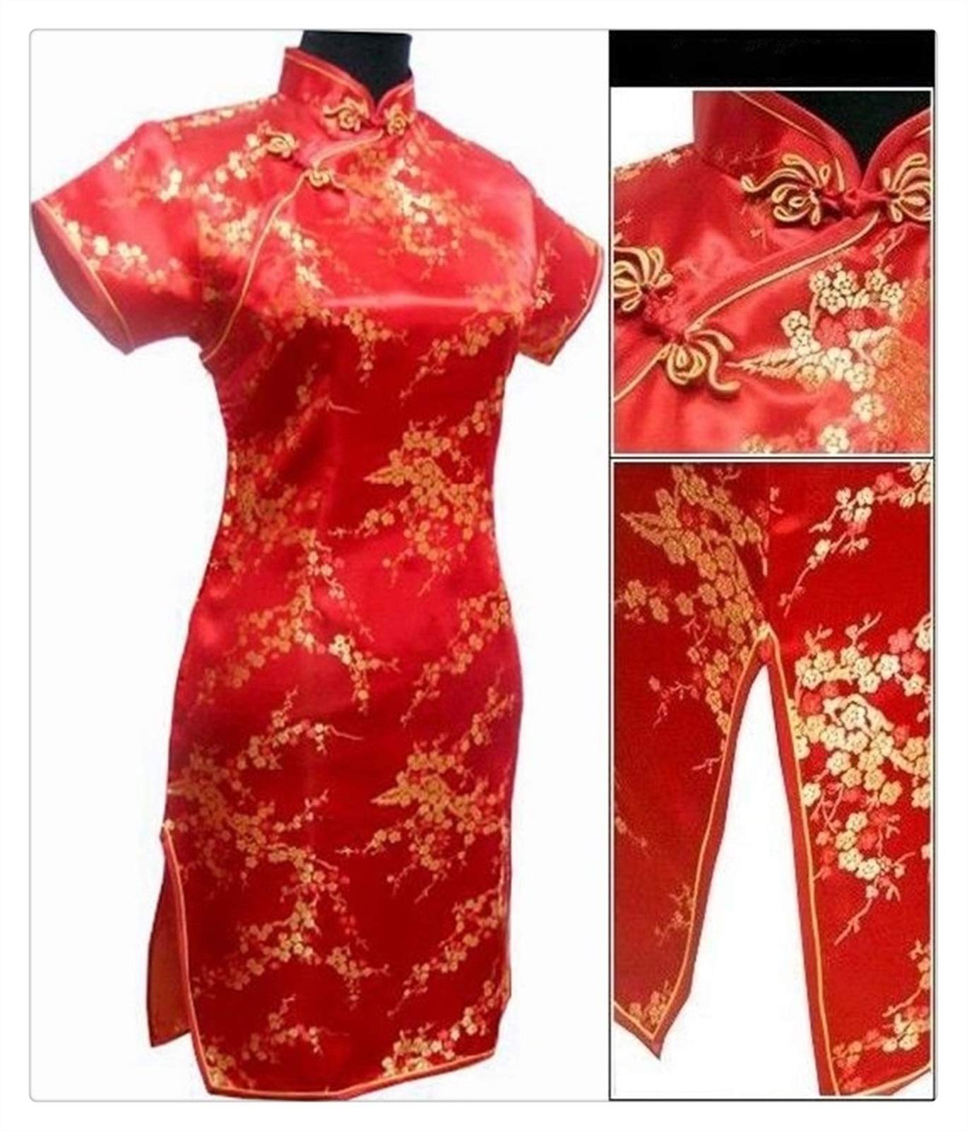 Hxszwjj Unisex Red Traditional Chinese Dress Women's Satin Qipao Mini Cheongsam Flower Qipao (Color : Size : 2XL.)