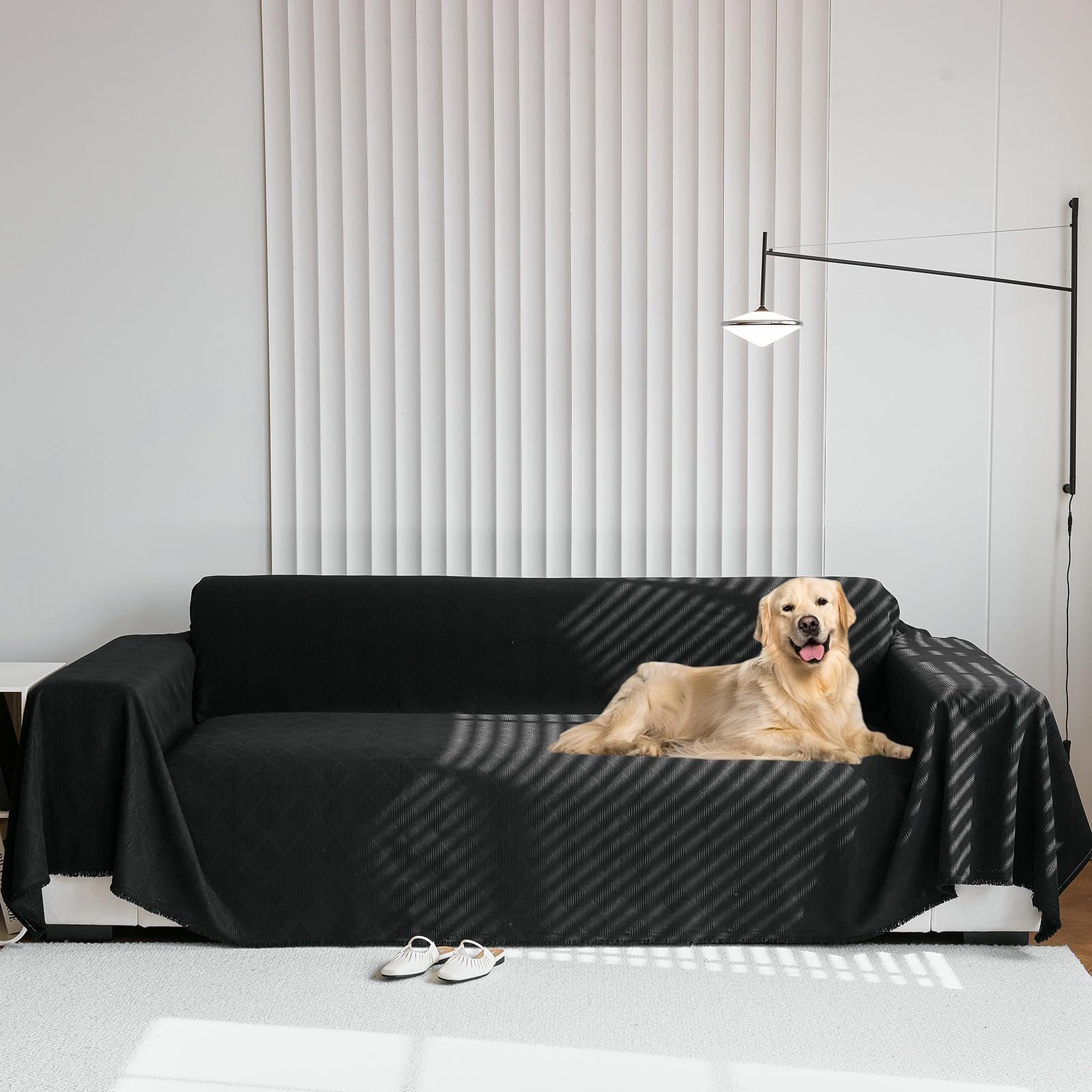 Large Chenille Sofa Throw Blanket with Tassels Breathable Durable Versatile Couch and Bed Throw for 3 2 1 Seater Sofas Black 180cm x 180cm