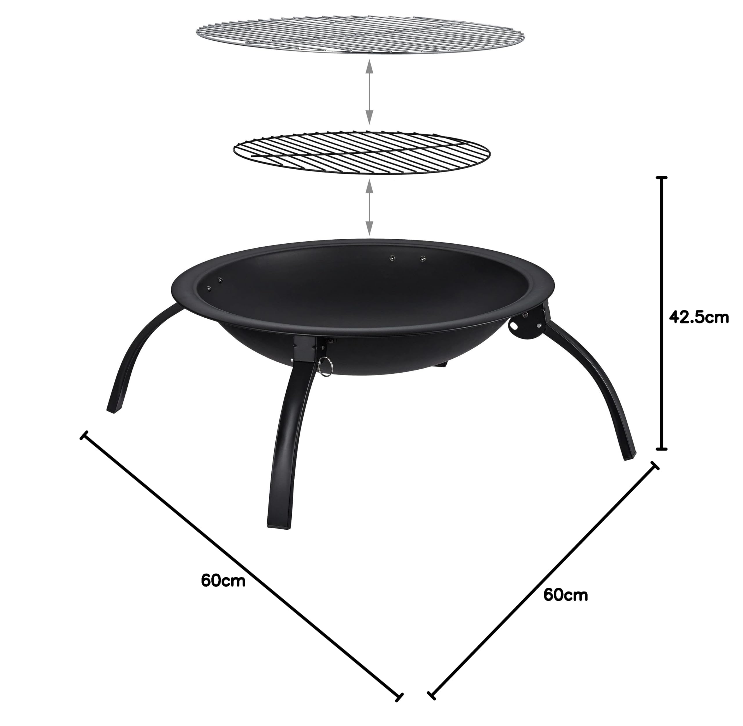 Relaxdays XL Feuerschale mit Tasche, Grillrost, Schürhaken, Funkenschutzdeckel, D 56,5 cm, schwarz