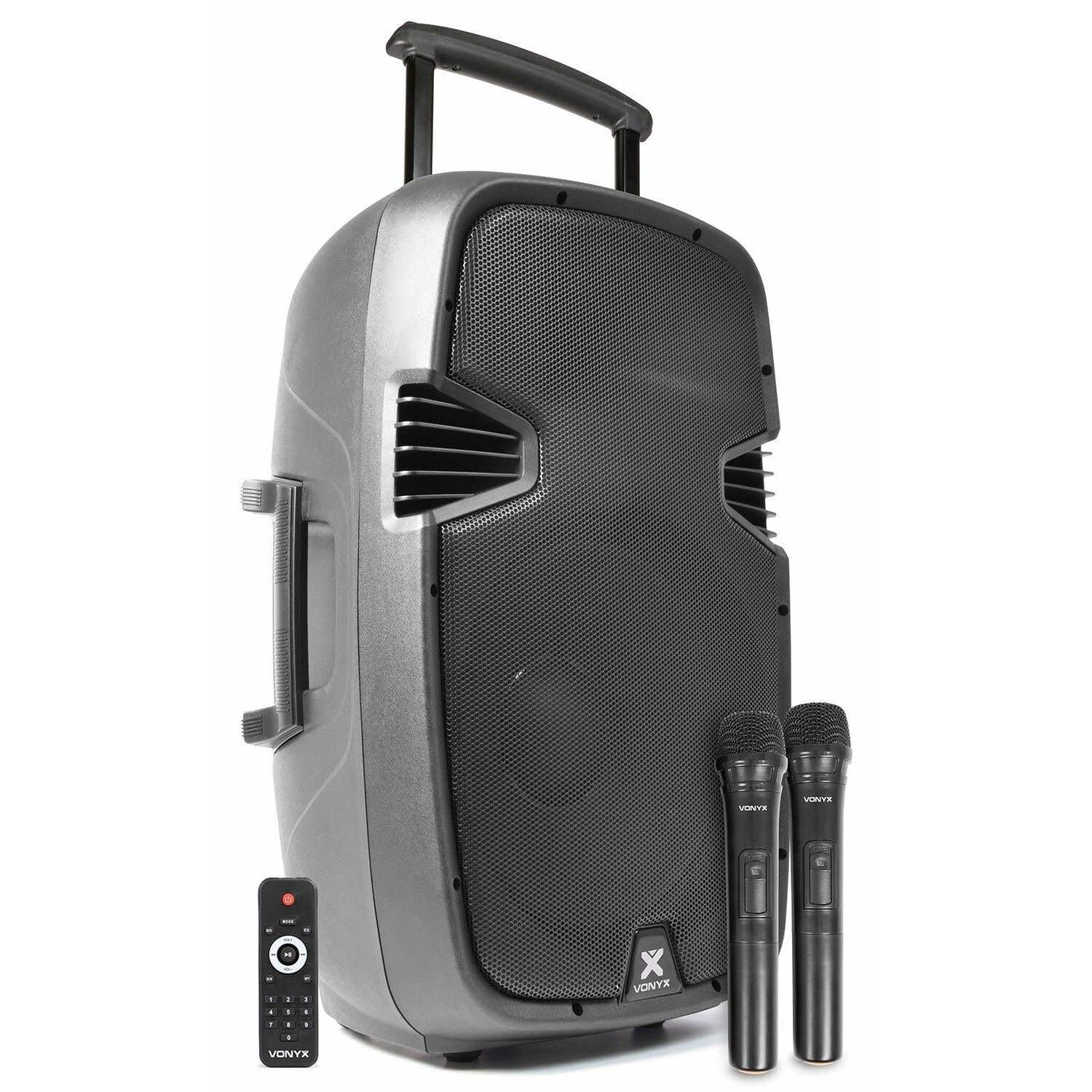 Vonyx SPJ-PA915 – Altavoz Bluetooth Grande Potente 15" 700W con 2 micrófonos inalámbricos UHF, batería Recargable, USB, SD y AUX, Altavoz portátil Bluetooth para Karaoke y Fiestas Color Negro