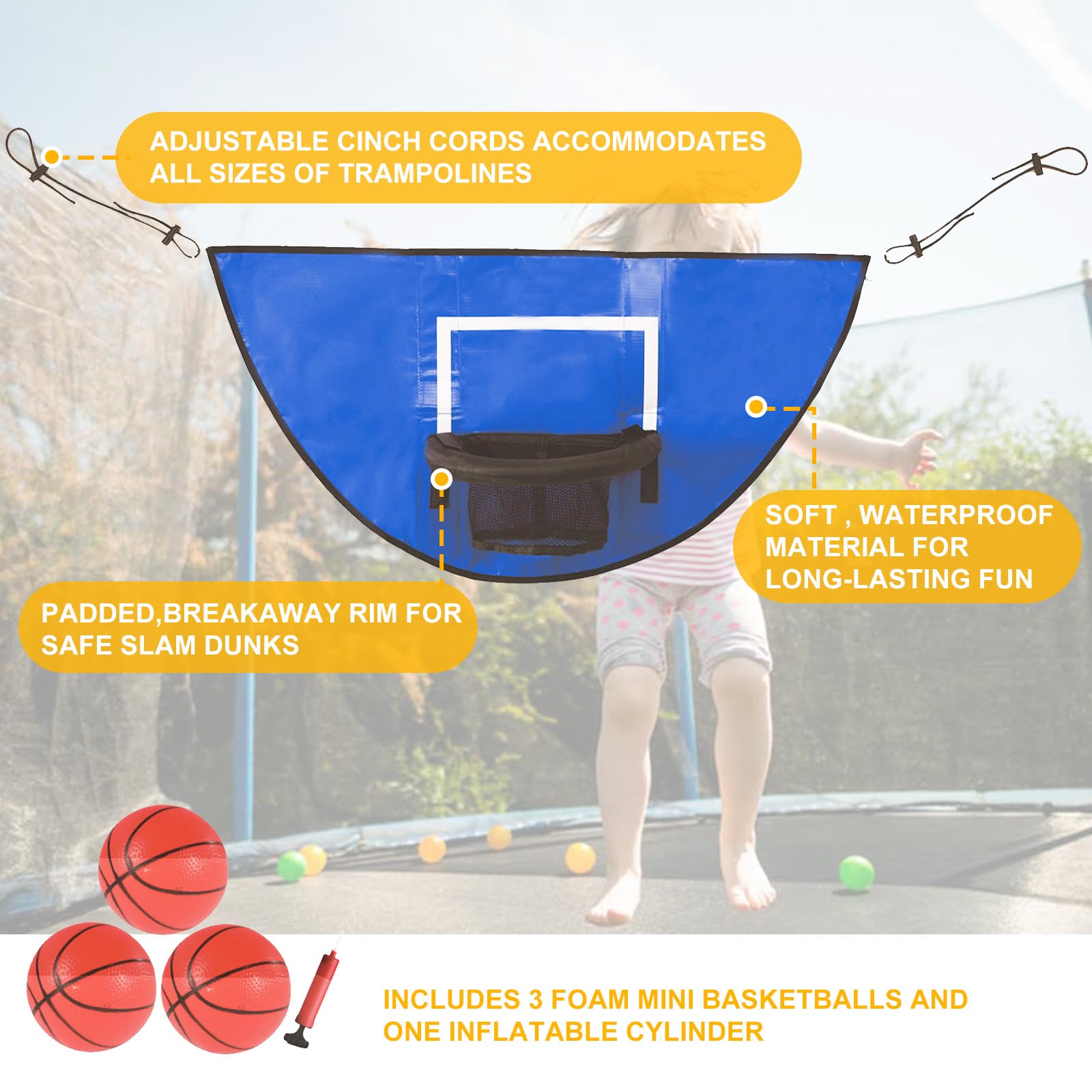 Qivine Trampoline Basketball Hoop, Basketball Hoop for Trampoline Waterproof Basketball for Trampoline with 3 Mini Basketball 96 * 50Cm of Trampolines with Enclosures and Pole Caps