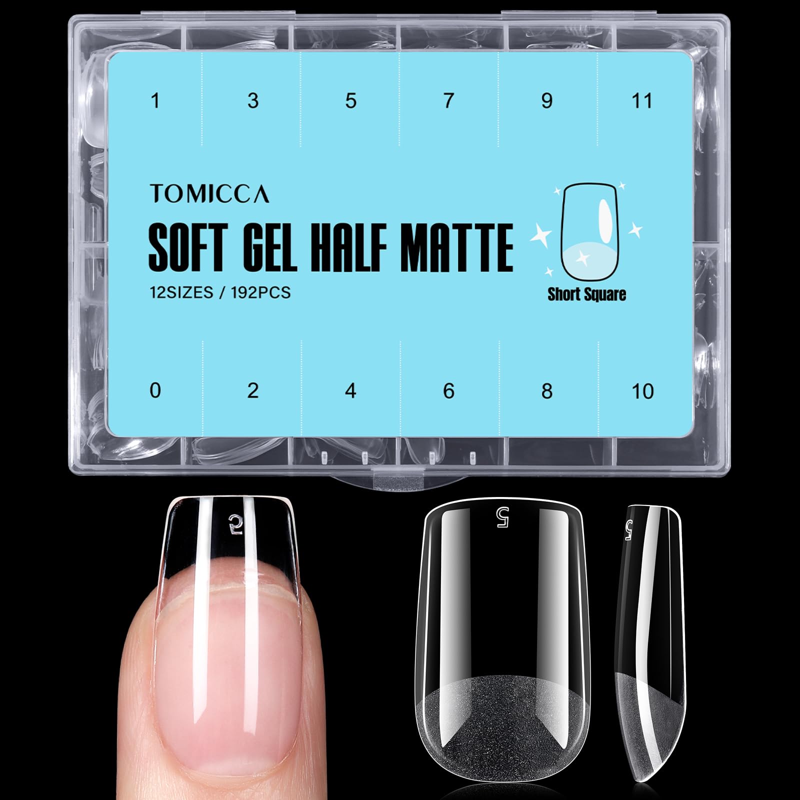 TOMICCA 192 Stück Künstliche Nageltips Gel Tips für Gelnägel Nagelspitzen Falsche Nagel, Halbmatt Kurze Quadrat Tips für Nägel Full Cover Nail Tips für Nagelstudios und DIY Nagelkunst - 12 Größen