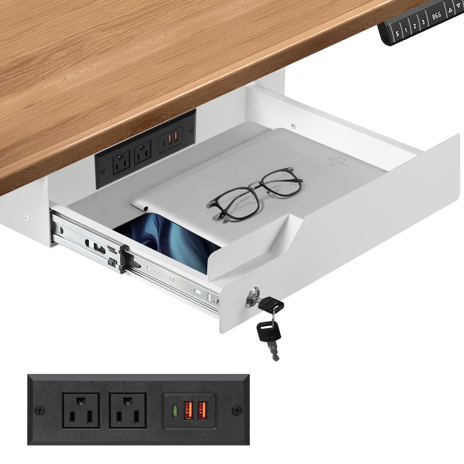 Cassetto portaoggetti sotto scrivania con serratura, cassetto da tavolo in metallo, cuscinetto a sfera, organizer per carta, matite e laptop, 40,6 x 30 x 9,1 cm, bianco con striscia di