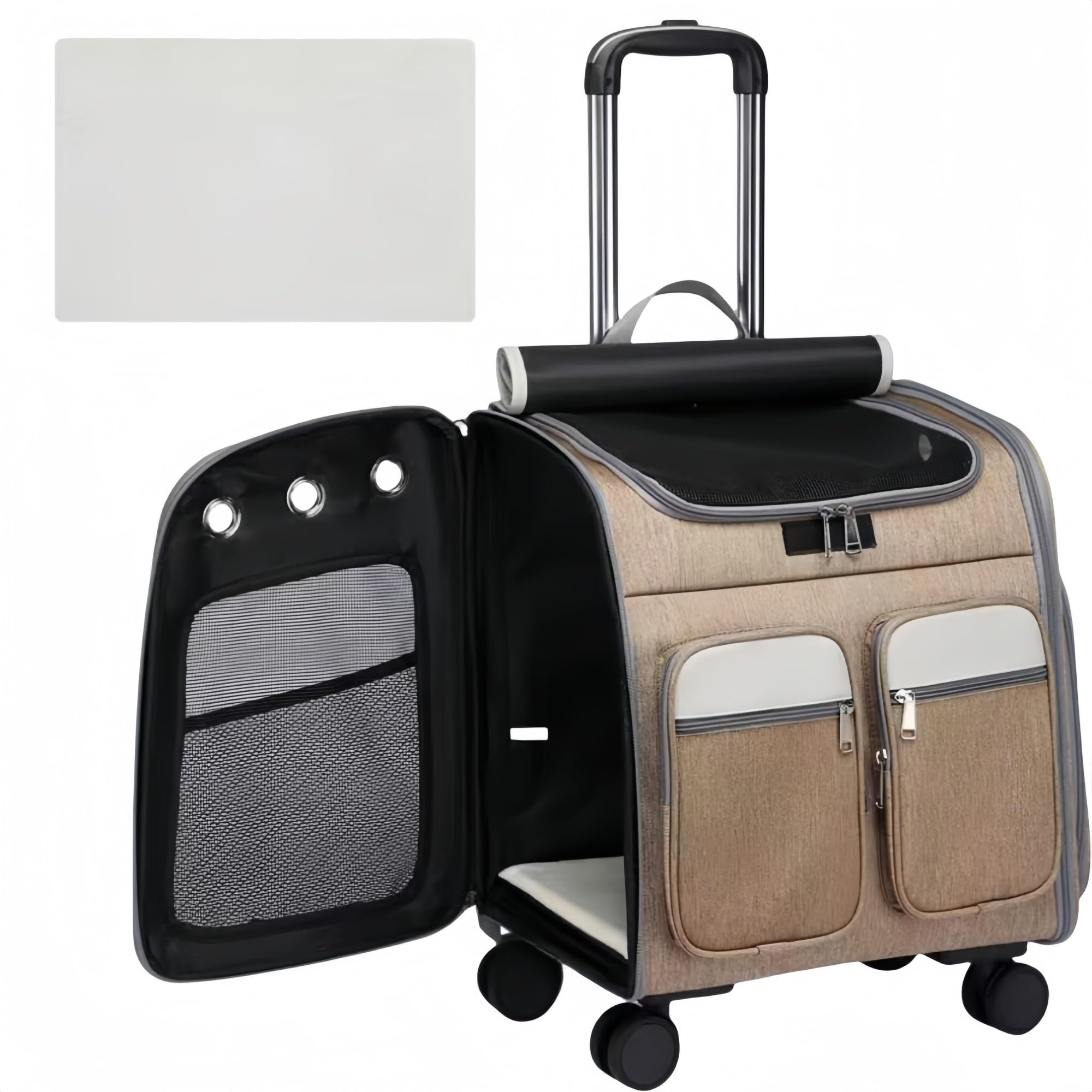 yacoxe Dog Stroller, Pet Trolley Backpack，41 * 30 * 43cm Dog Cat Pushchair，Dog Carrier, Foldable Pet Stroller, 360 ° Wear-Resistant Rubber Wheels Dog Travel Carrier, for Small Dogs & Cats(Brown)