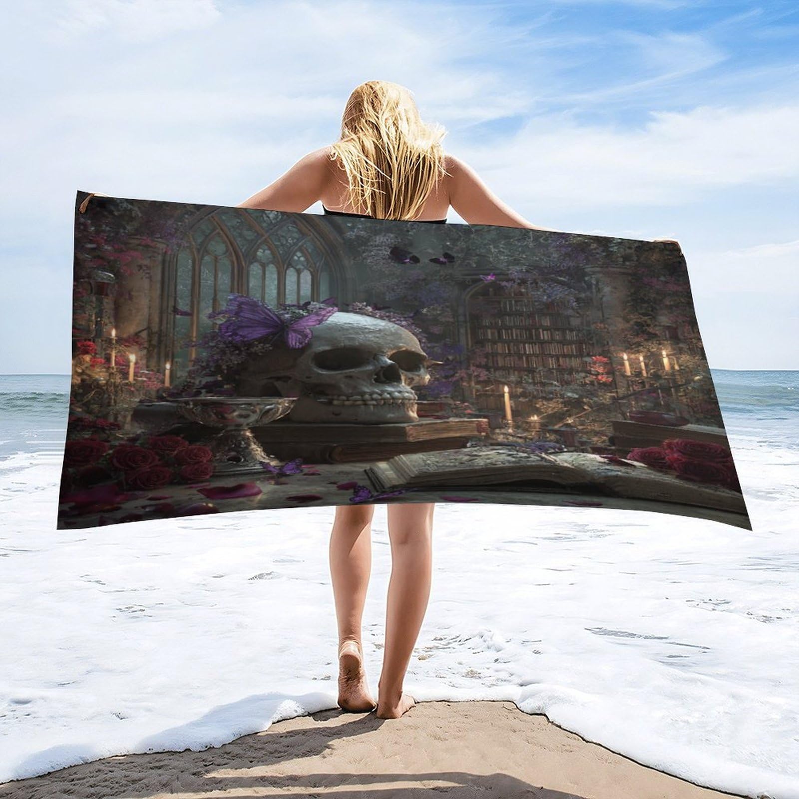 Luyysky Retro Abstract Gothic Bookshelves Quick-Drying Beach Towel, Modern Classic Skull Skeleton Roses Animal Butterflies Travel Vacation Single Sided Pile Bathroom Towels-80 W Cm X 160" L Cm