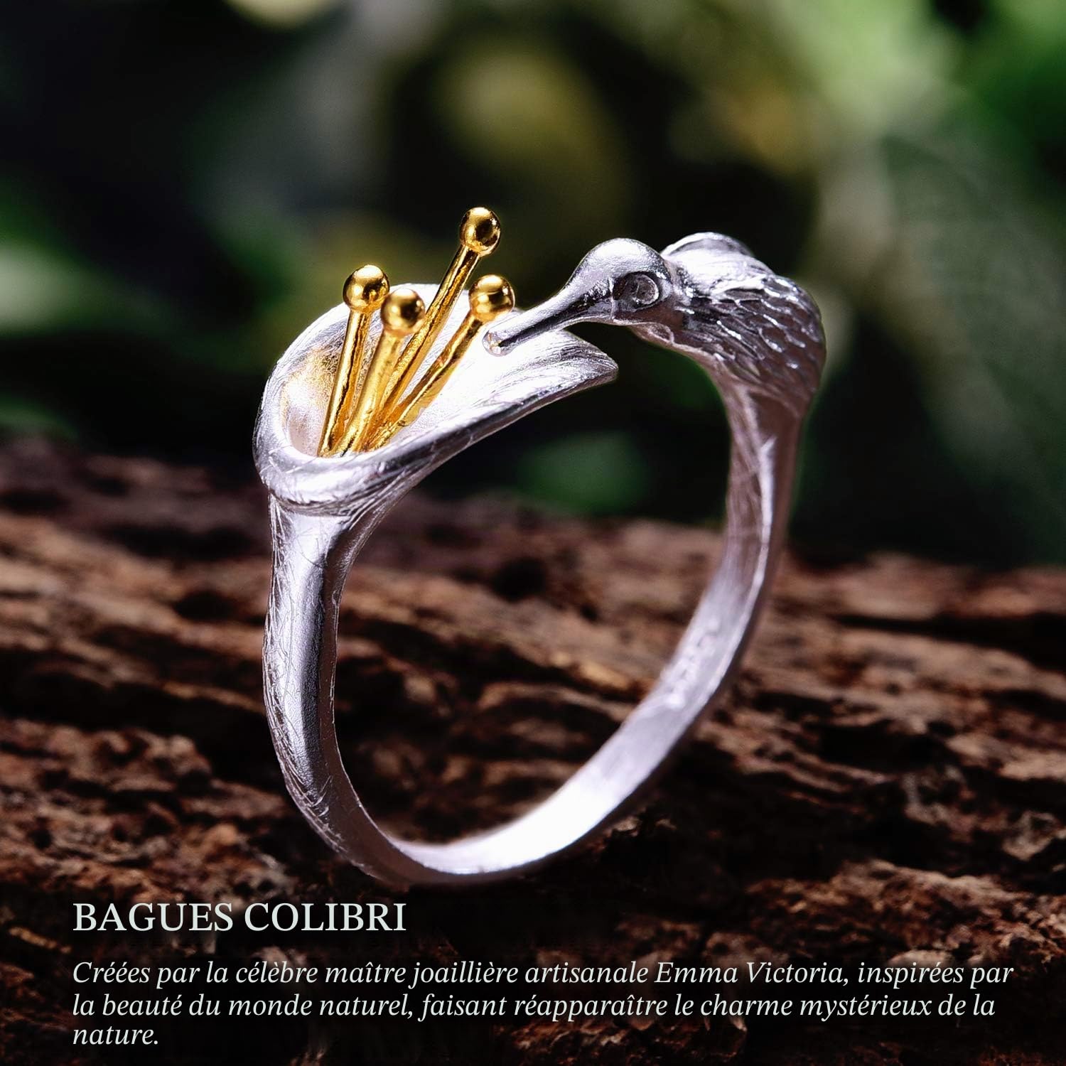 Lotus Fun Bague pour femme en argent sterling S925 avec motif colibri, bague ouverte faite à la main pour femme et fille