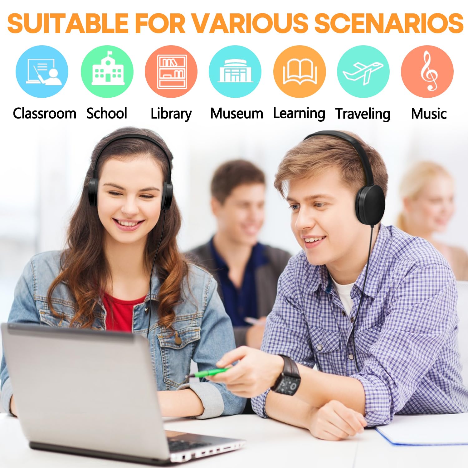 Wholeslae - Juego de 25 auriculares a granel para el aula escolar, auriculares duraderos con cable para estudiantes, niños, adolescentes, niños y adultos (HY104, negro)