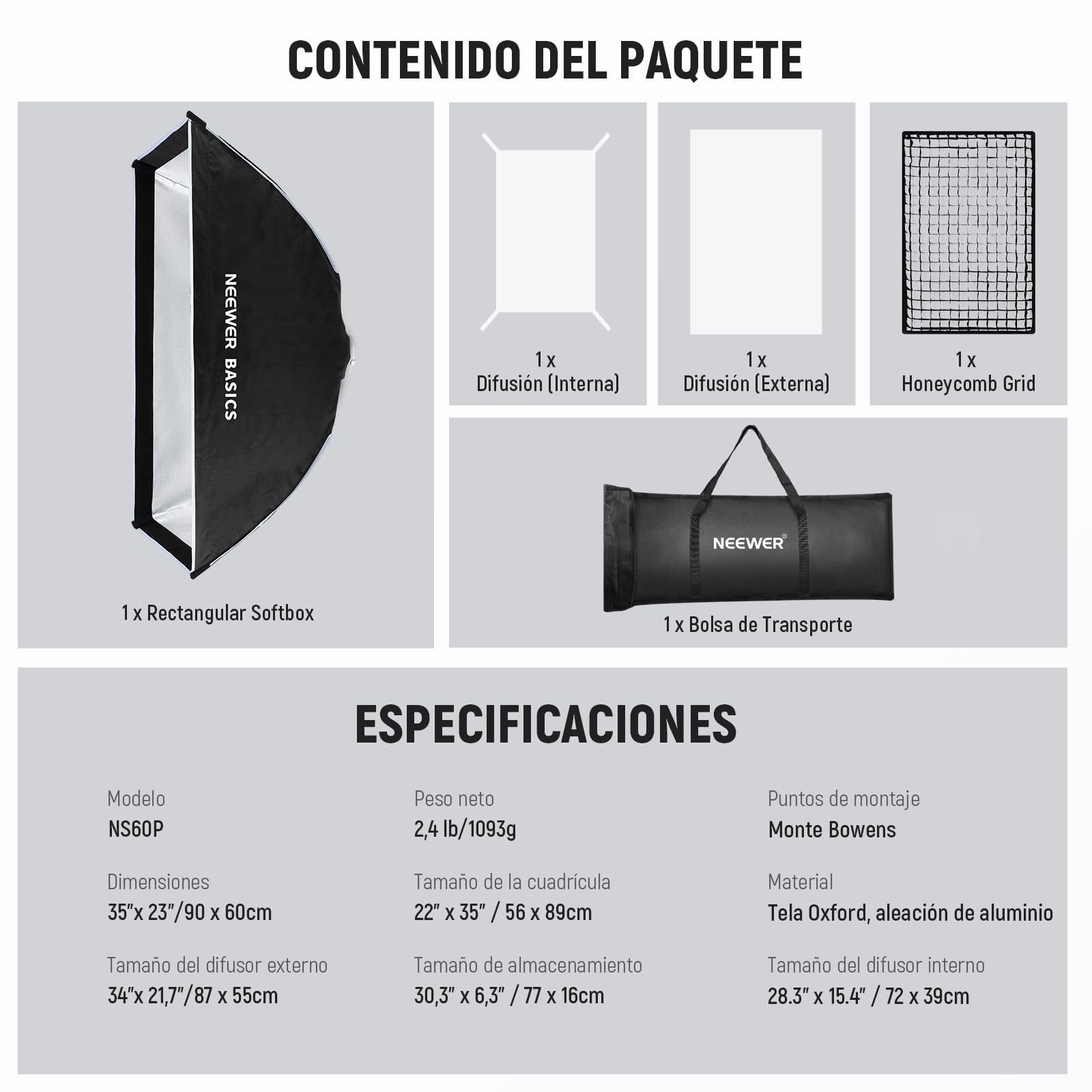 NEEWER Basics Strip Softbox Bowens Mount, 24"x35" Soft Box Difusor Luz/Rejilla/Bolsa Liberación Rápida Compatible con Aputure 150c Compatible con Godox SL60w,para FS300C FS150B HB80C CB200C Q6, NS60P
