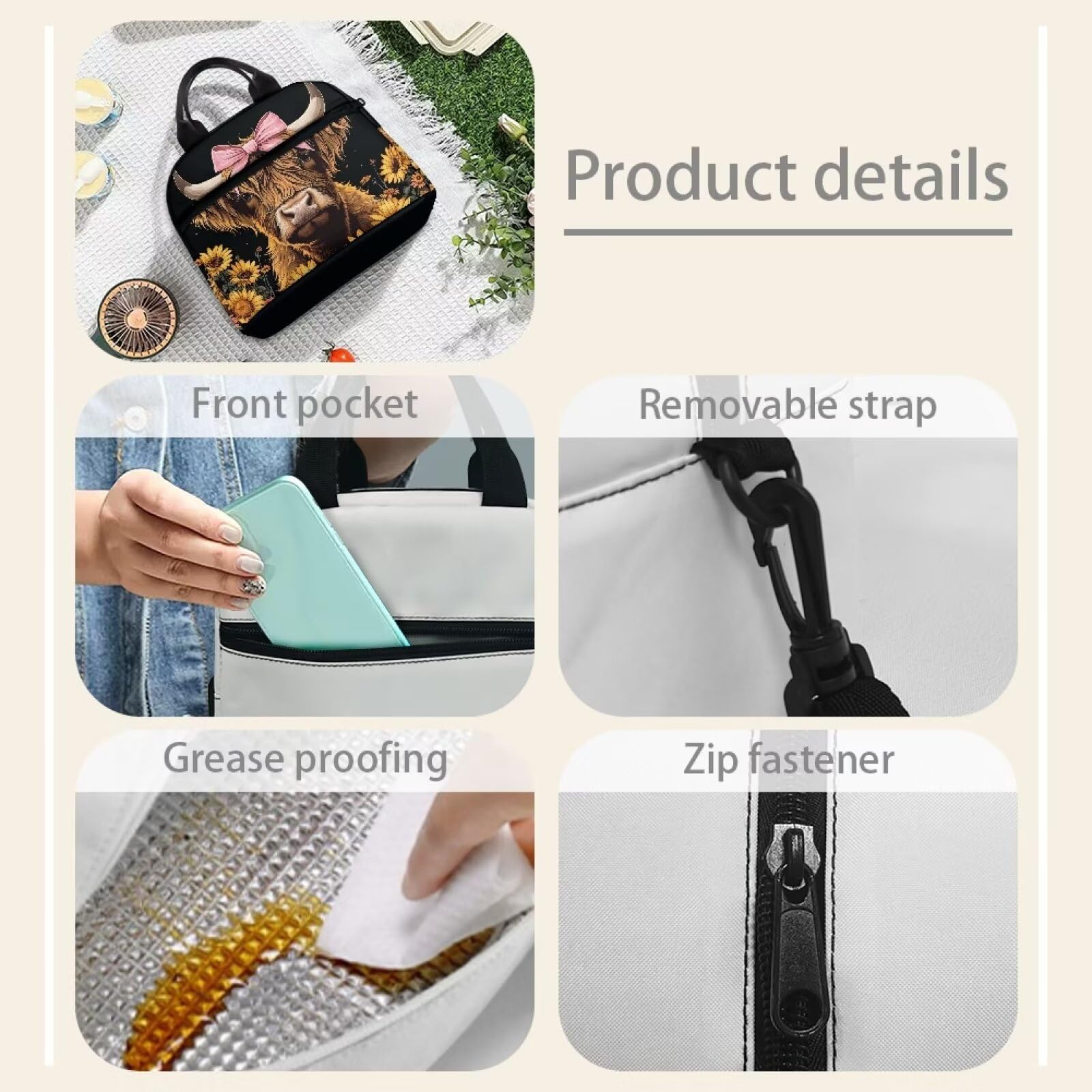 Sac à Déjeuner Isotherme Motif Vache Highland Pour Femmes