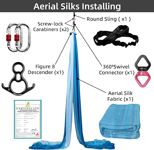 Miniatura 12 de PRIOR FITNESS Kit de seda aérea, colorido juego de hamaca de tela de nailon 40D de 9/15/20 yardas con herramientas y guía para todos los niveles