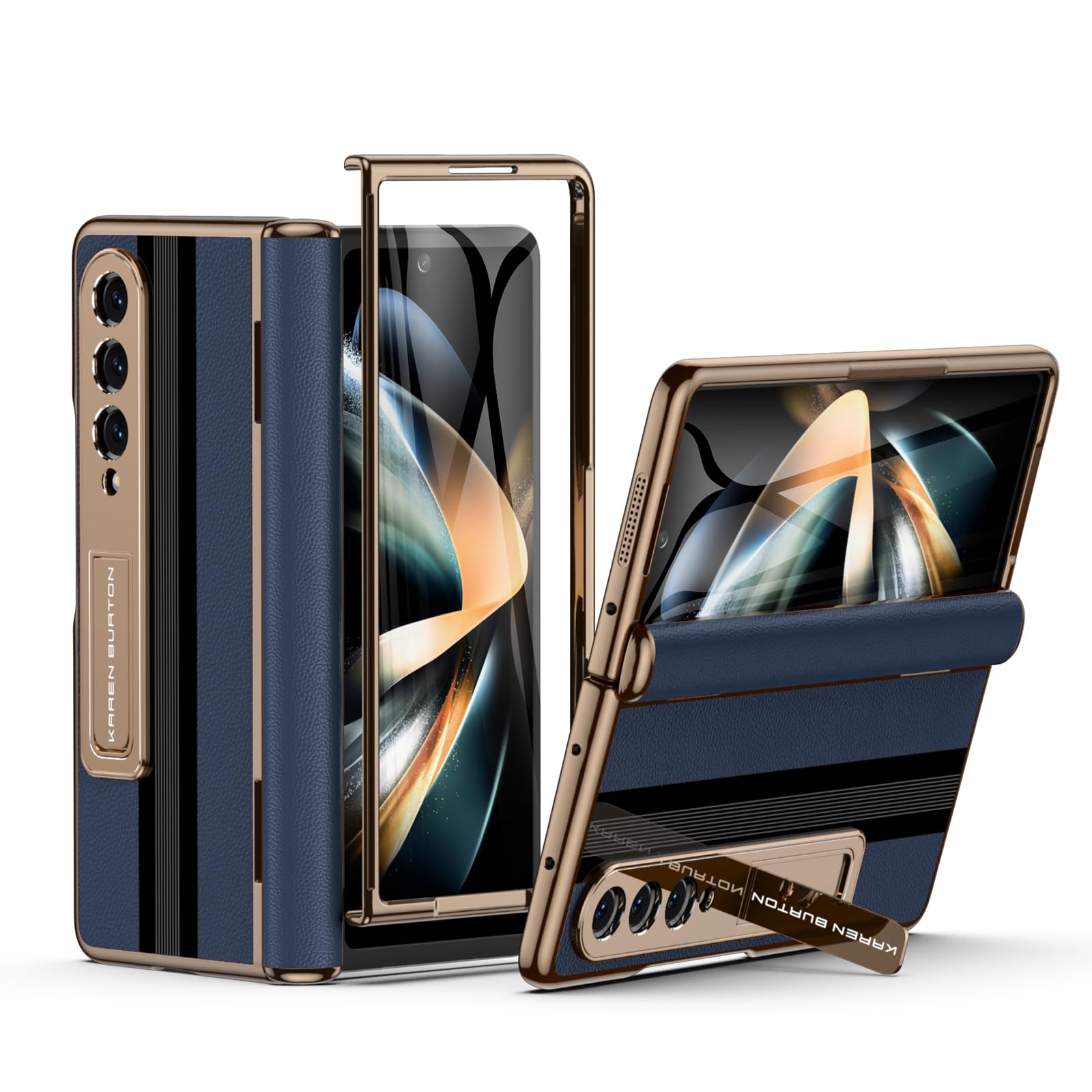 karenDon for Samsung Galaxy Z Fold 4 Phone Case [Luxury Premier Genuine Leather][Full Body Hinge Protection][Built-in Screen Protector][Kickstand Drop Proof Protective Cover] for Z Fold 4 5G Blue