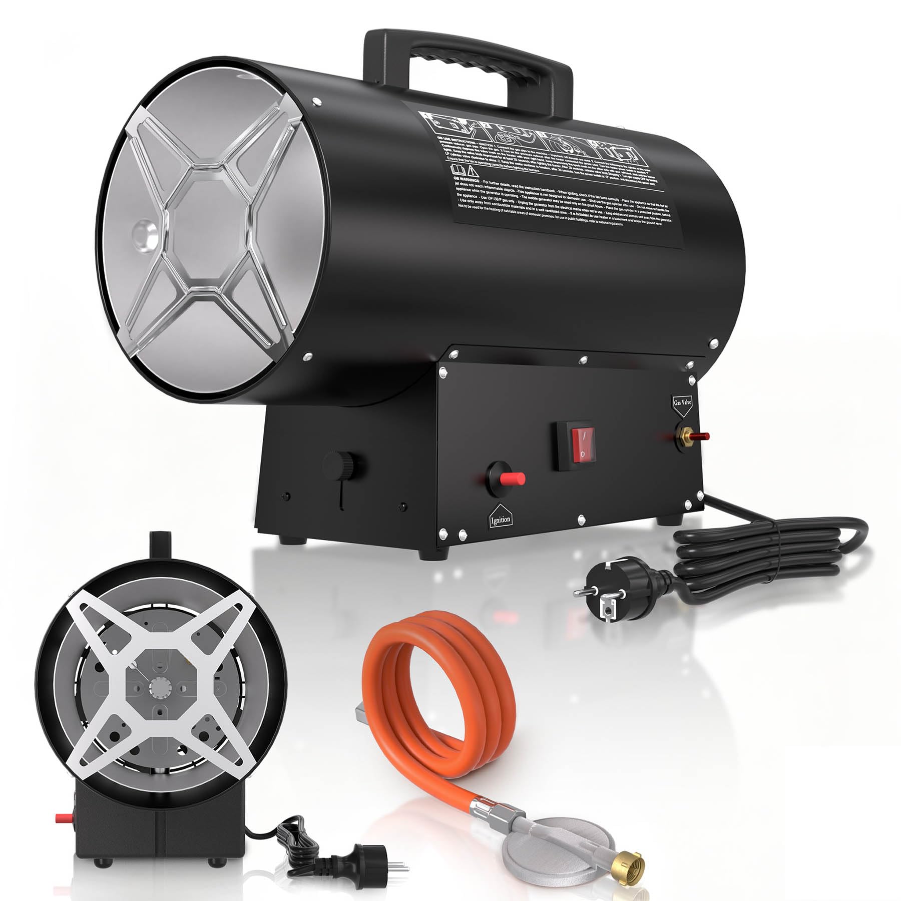 Froadp Gasheizer 30 KW Schwarz, Gasheizgebläse für Innenräume, Mobiles Gas Heizgerät mit Überhitzungsschutz, inkl. 700 mbar Druckminderer & 1,5 m Schlauch, für Baustelle, Werkstatt, Lagerhalle