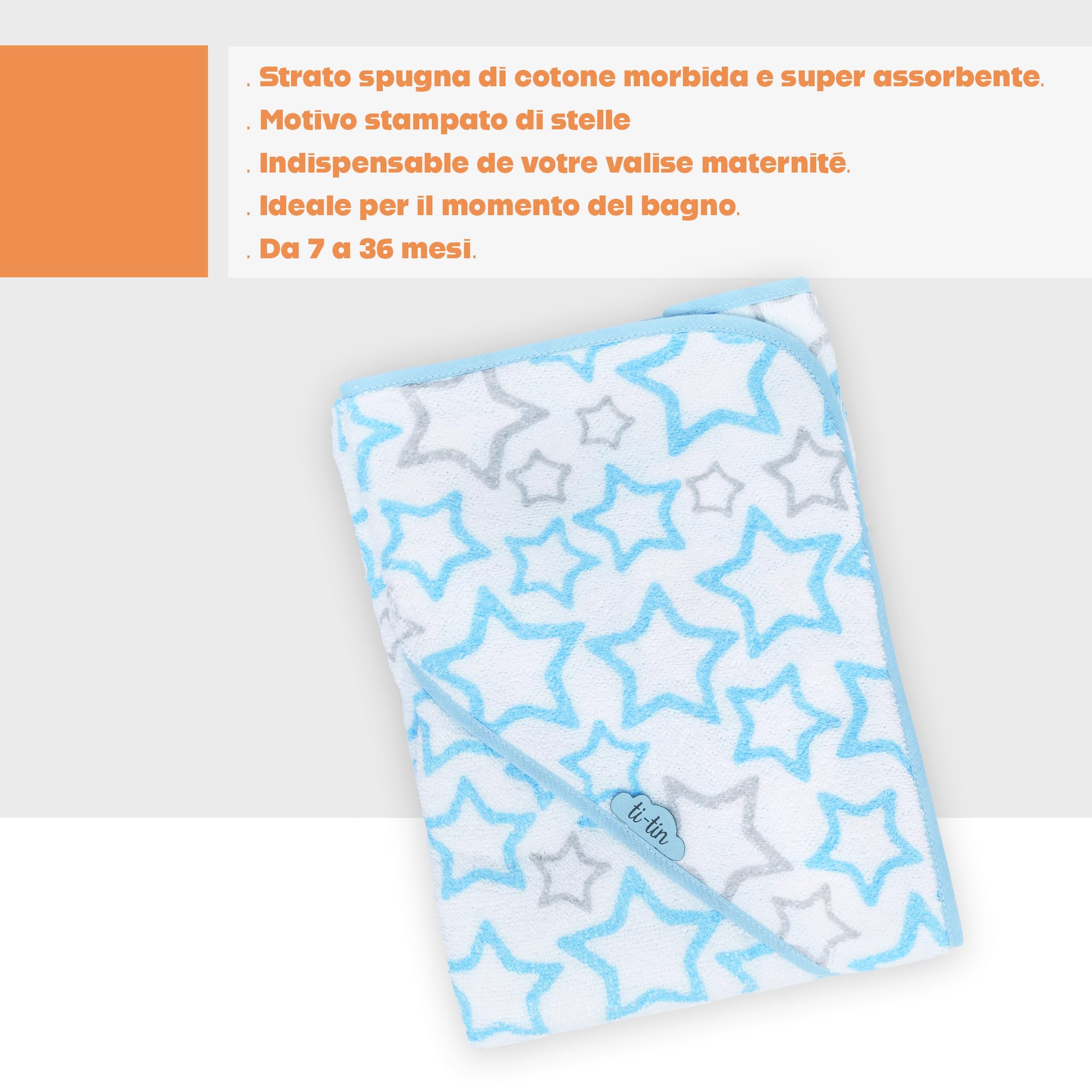 Ti TIN Asciugamano Da Bagno Per Bambini con Cappuccio 100% Cotone | Asciugamano Per Bambini con Cappuccio Morbido e Assorbente con Un Design a Stelle Azzurro, 100x100 cm