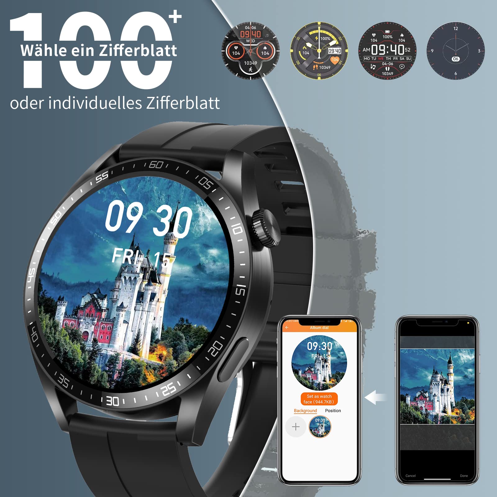 Smartwatch męski z funkcją telefonu, ekran dotykowy 1,32", zegarek sportowy, z asystentem głosowym, wodoszczelność IP67, monitor ciśnienia krwi, kontakty z systemem iOS i Android (czarny)