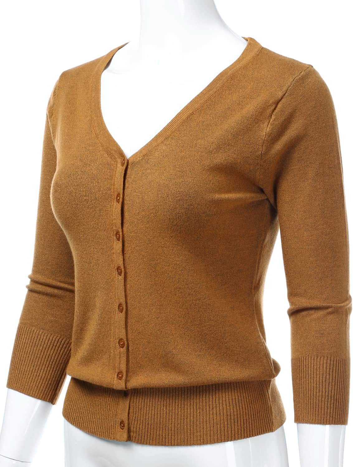 Women's 3/4 Sleeve V-Neck Button Down Knit Sweater Soft Cardigan (S-XXL)