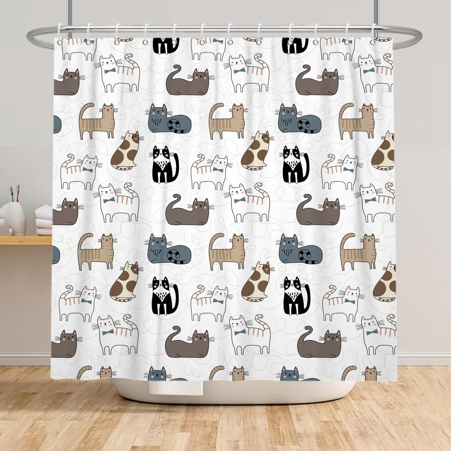 SDOTPMT 140x180cm Cute Funny Animal Shower Curtain Cartoon Playing Cats Pattern White Bath Curtain Modern Classic Bathtub Curtain for Boys Girls Bathroom Decor Polyester with Hooks - Image 3