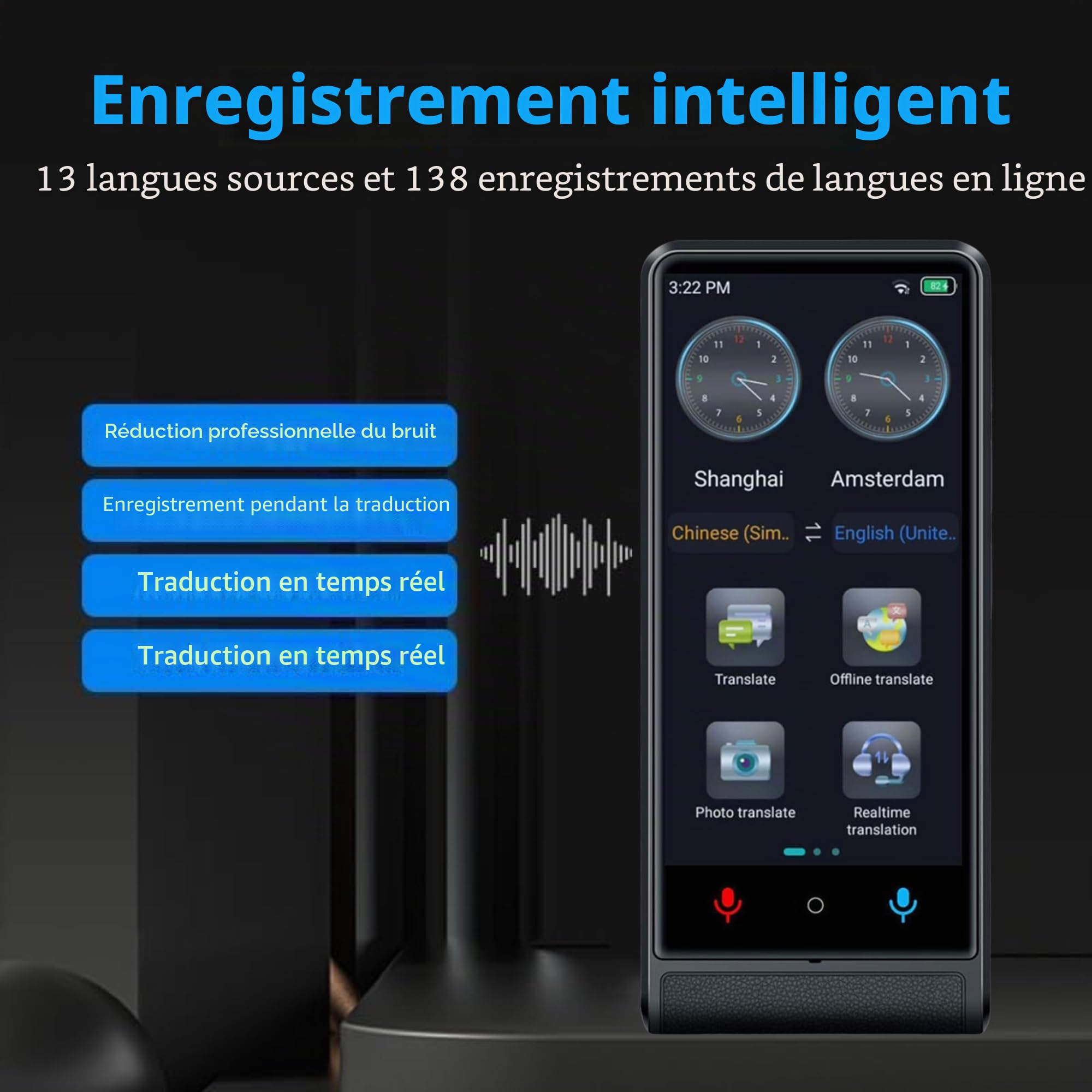 Traducteur Vocal Instantane 2026, Ecran Tactile 4 Pouces, Alliage d'Aluminium, 142 Langues en Ligne 22 Hors Ligne, Traducteur IA