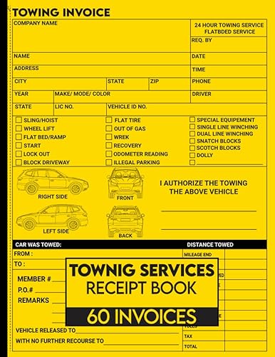 Towing Services Receipt Log Book: A Register and Record Book for Towing with 60 Invoices and Tow Truck Service Invoice Work Order: Transport Services Information Journal