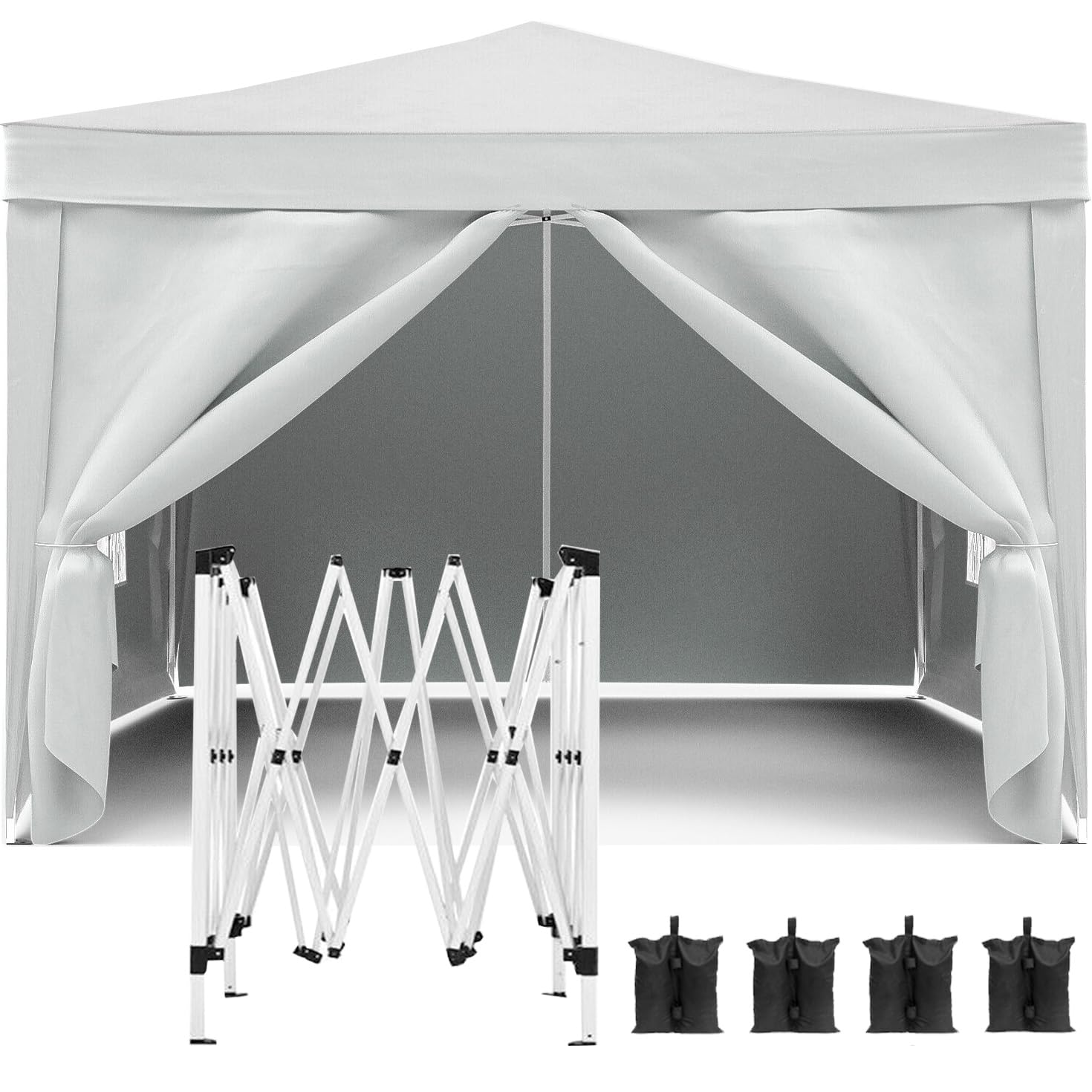 10x10' EZ Pop Up Canopy Outdoor Portable Party Folding Tent with 4 Removable Sidewalls + Carry Bag + 4pcs Weight Bag (White)
