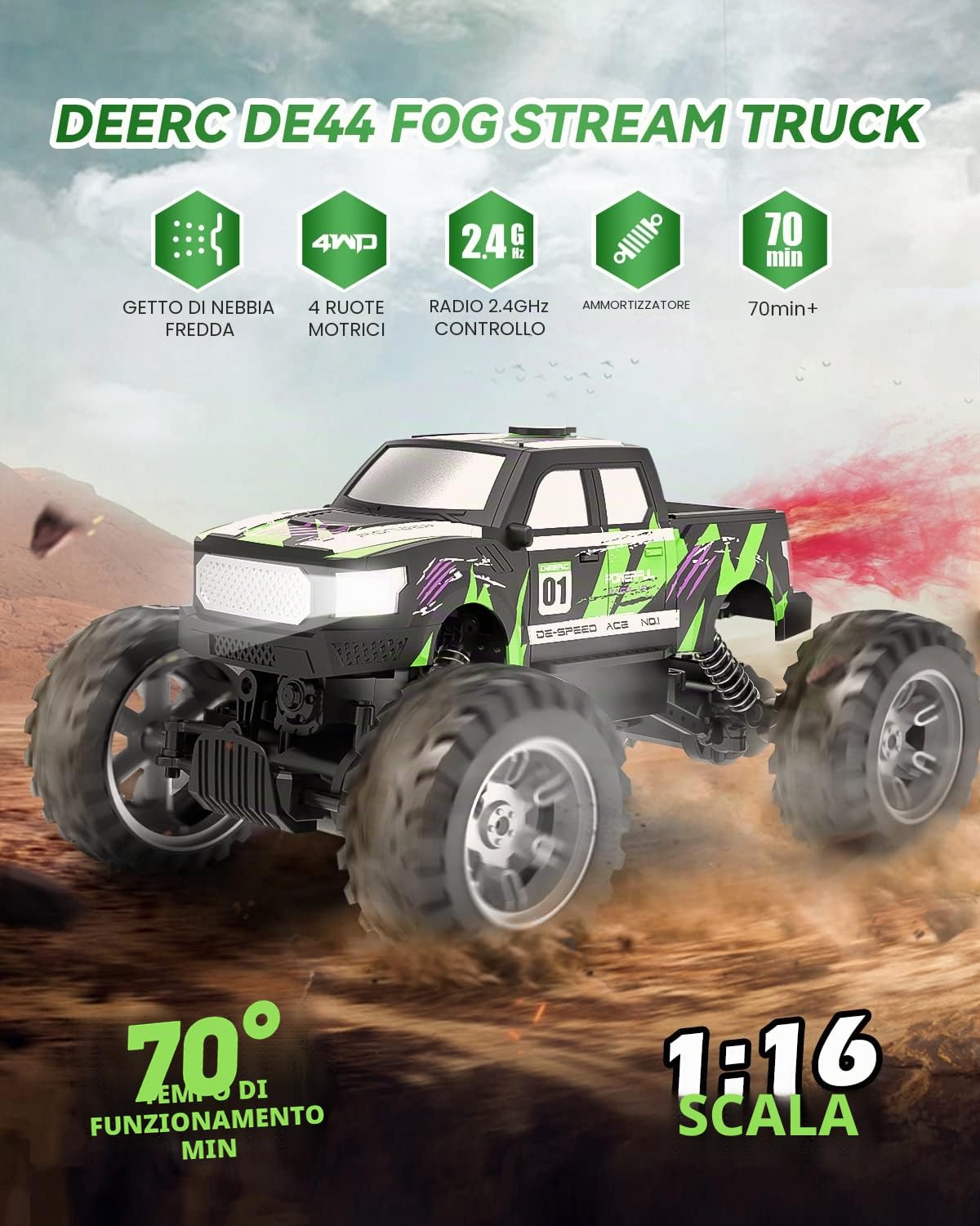 DEERC DE44 1:16 Scala telecomando Monster Truck con nebbia nebbia, Dual Motors Off Road RC auto, 4WD Rock Crawler con luci LED, 70+ Min Play, Veicolo giocattolo per ragazzi ragazze e adulti