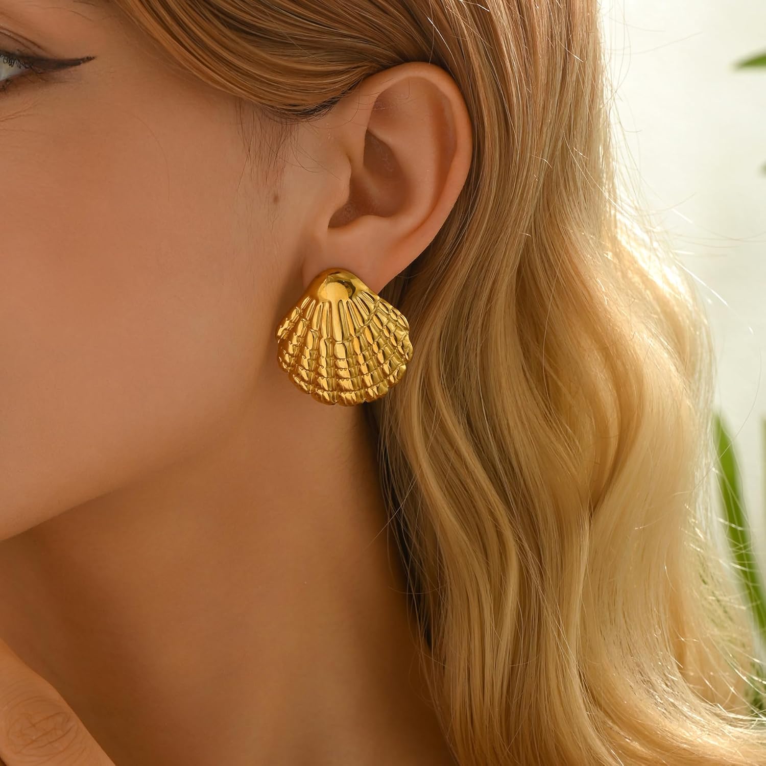 Gold Earrings for Women 18K Gold Plated Chunky Starfish Seashell Conch Flower Pearl Stud Earrings Circle Link Dangle Earrings Trendy Jewelry Christmas Gifts - Image 3