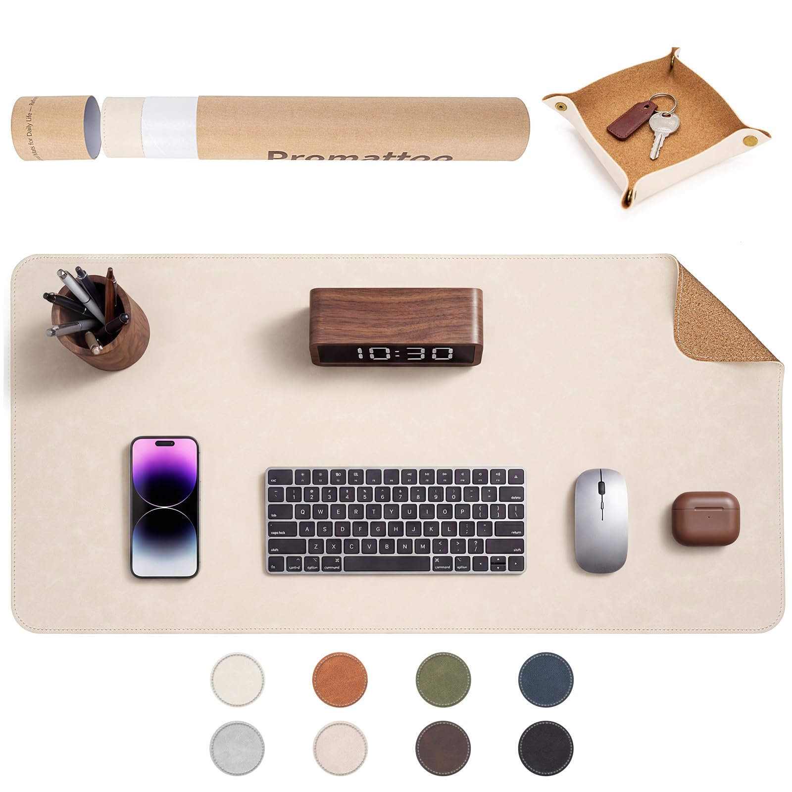 PROMATTOO Faux Leather Desk Mat with Valet Tray, Non-Slip Waterproof Desk Pad, Cork-Effect Printed Backing, Desk Protector with Gift Tube for Office & Home(Ivory White)