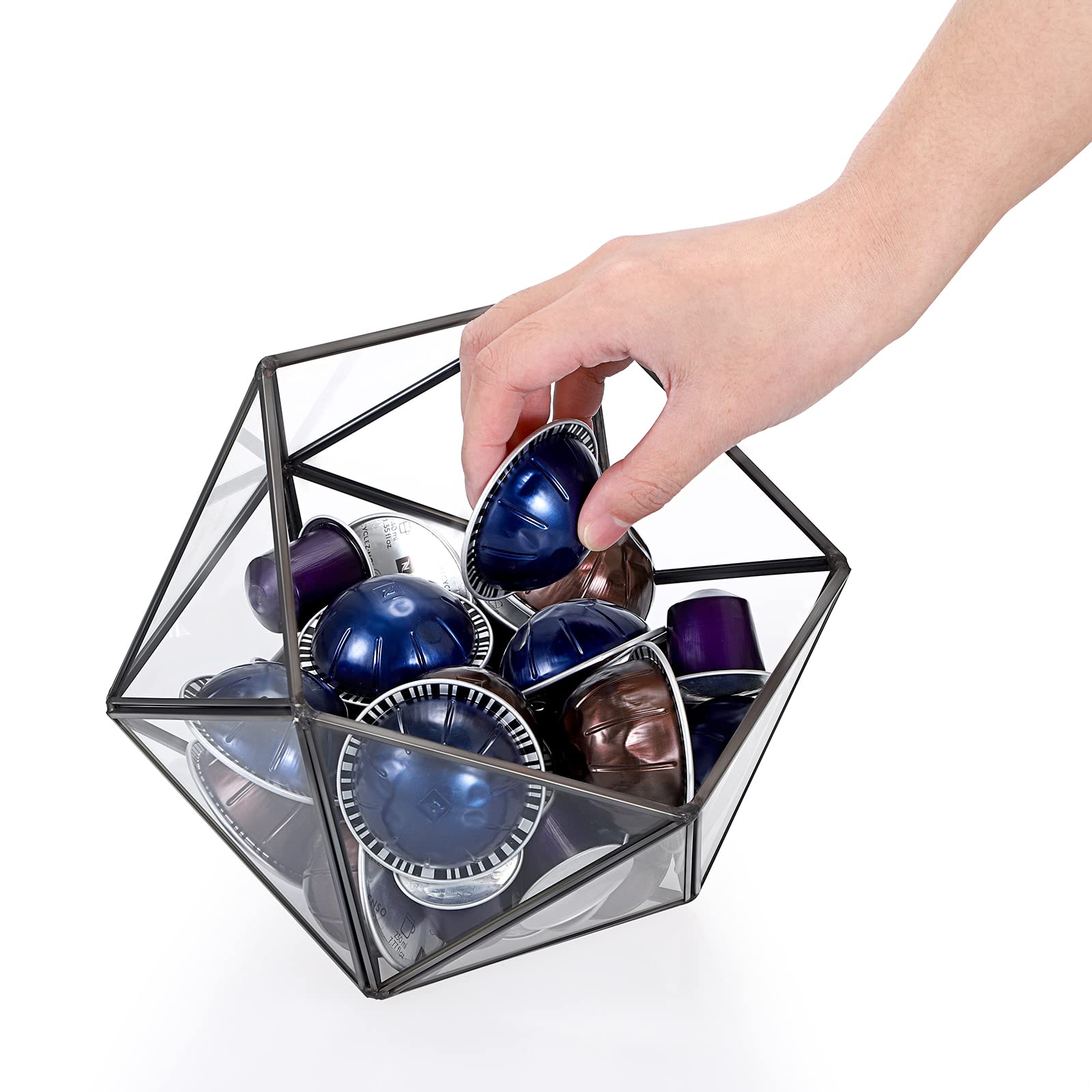 ELLDOO Porta cialde di caffè in vetro nero, 15 lati, geometrica, organizer per capsule di caffè K Cup Espresso, bustine di tè e zucchero, per cucina, bar, bancone ufficio