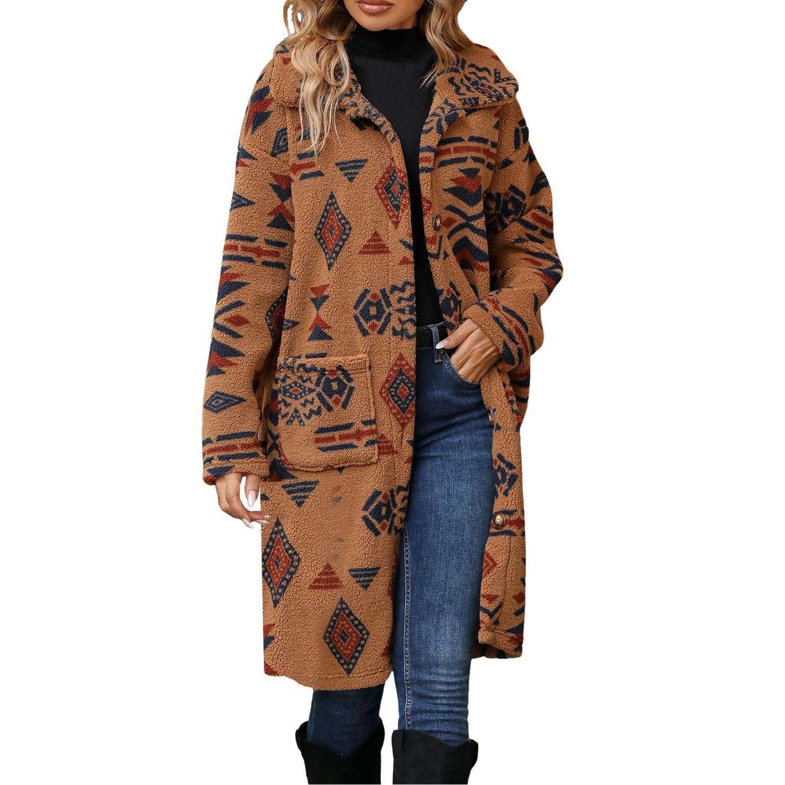 Generisch Chaqueta de forro polar para mujer, estilo étnico, chaqueta larga de invierno, chaqueta de forro polar de manga larga, chaqueta de forro polar, abrigo de invierno con bolsillos, chaqueta de